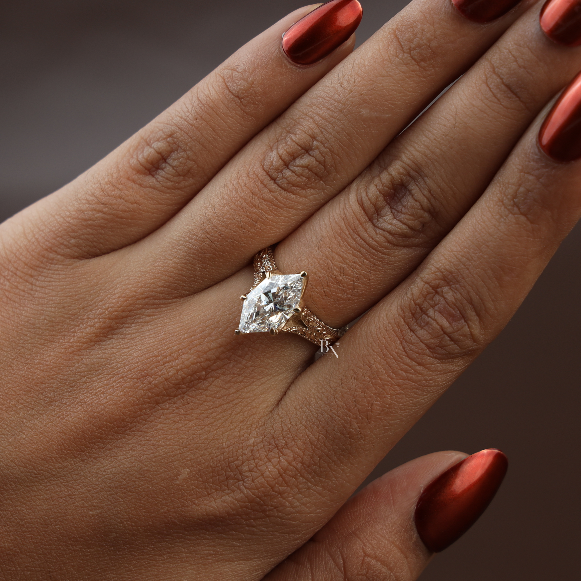 3ct Dutch Marquise Lab Grown Diamond Engagement Ring | Vintage Engraved 14k Yellow Gold Band | Solitaire Marquise Ring |