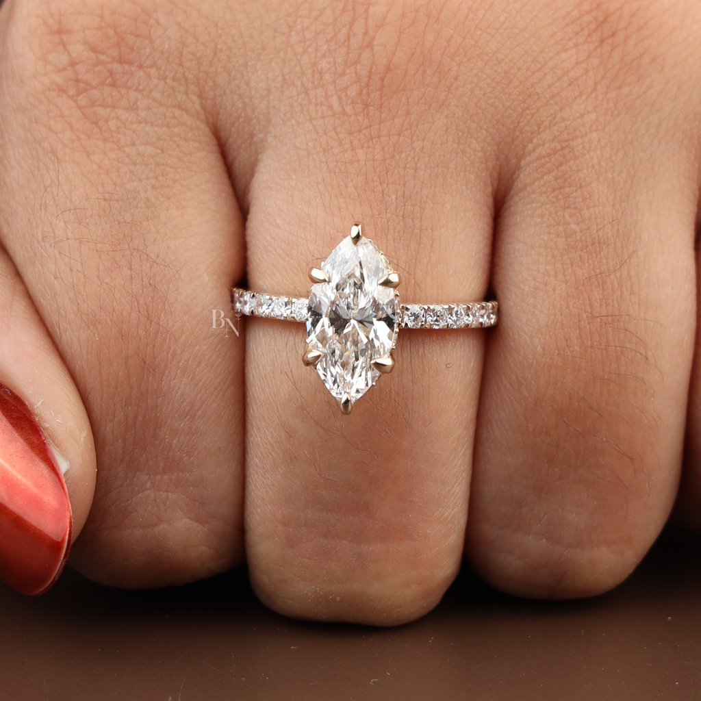 3ct Marquise Lab Grown Diamond Engagement Ring | Hidden Halo Pave Bridal Ring | 14K Yellow Gold Split Shank | IGI Certified | Promise Ring (Copy)