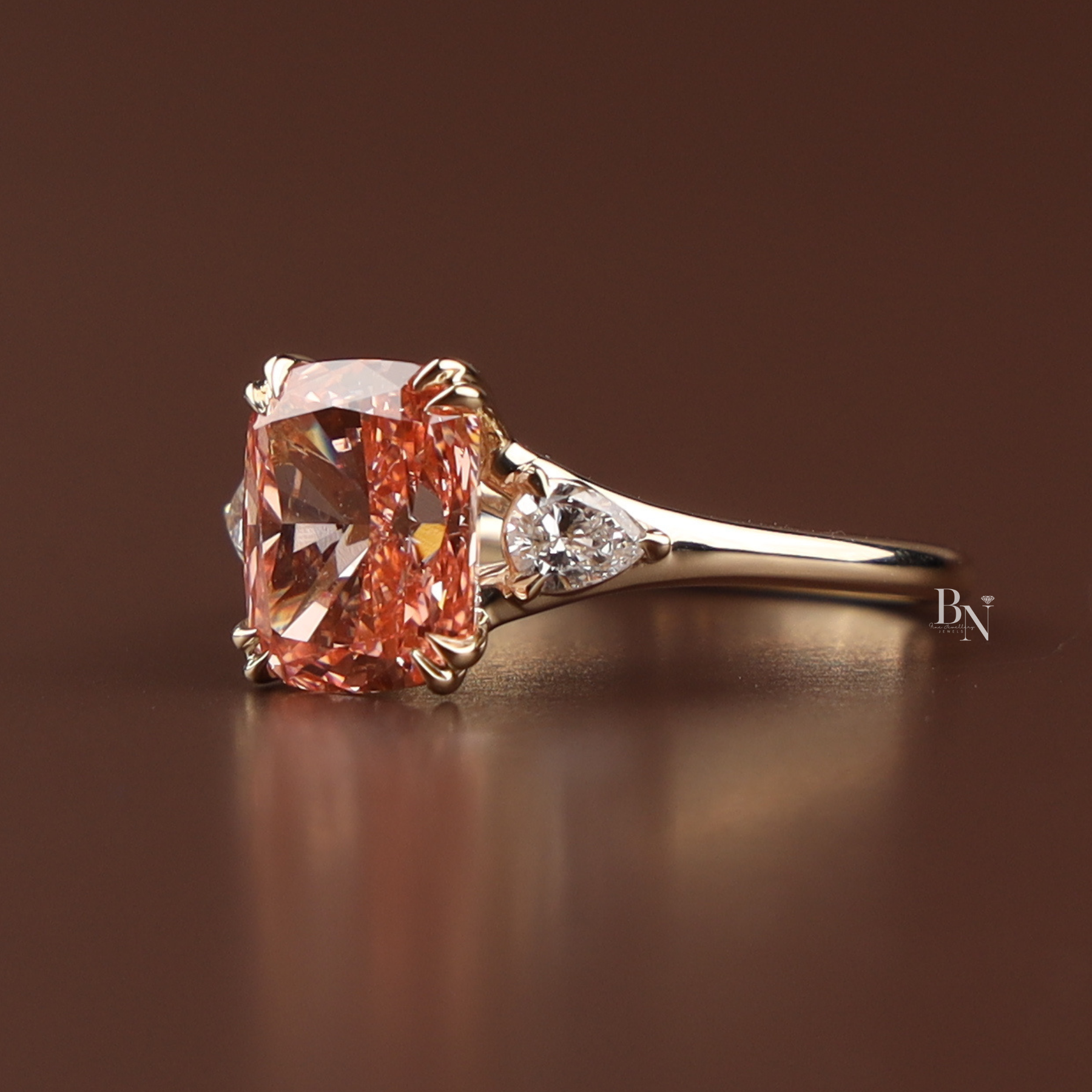 3ct Fancy Pink Cushion Lab Grown Diamond Engagement Ring | Three Stone Pear Side Stones 14K Gold