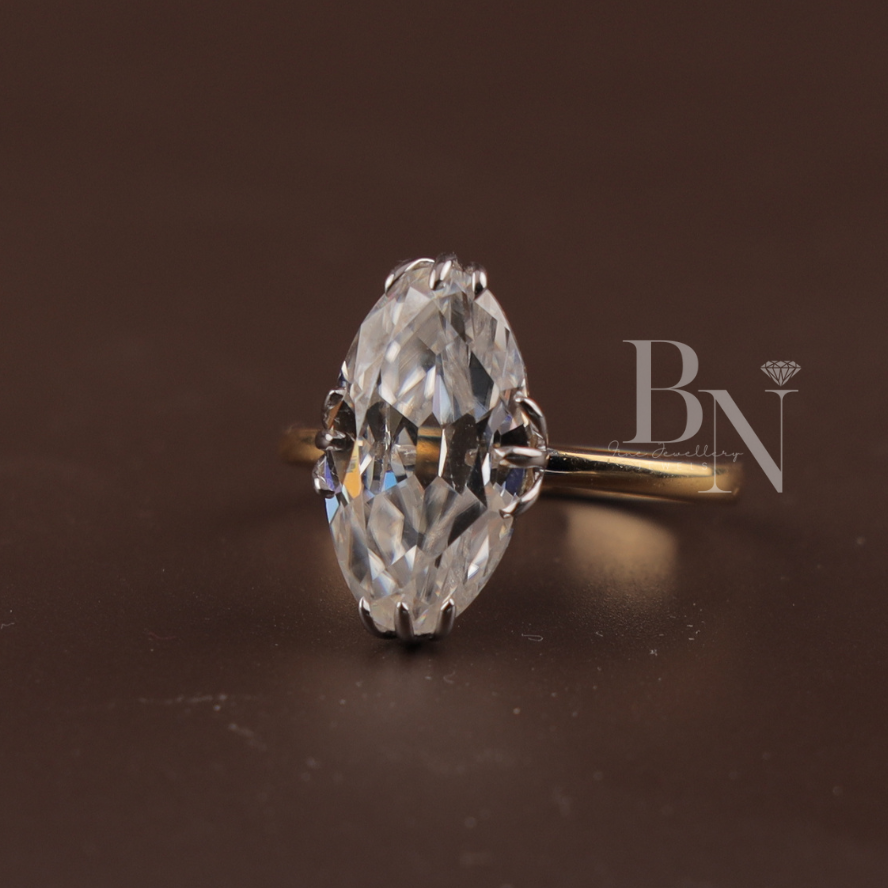 3ct Old Mine Moval Lab Grown Diamond Engagement Ring | Two Tone Hidden Halo Claw Prong 14K Gold