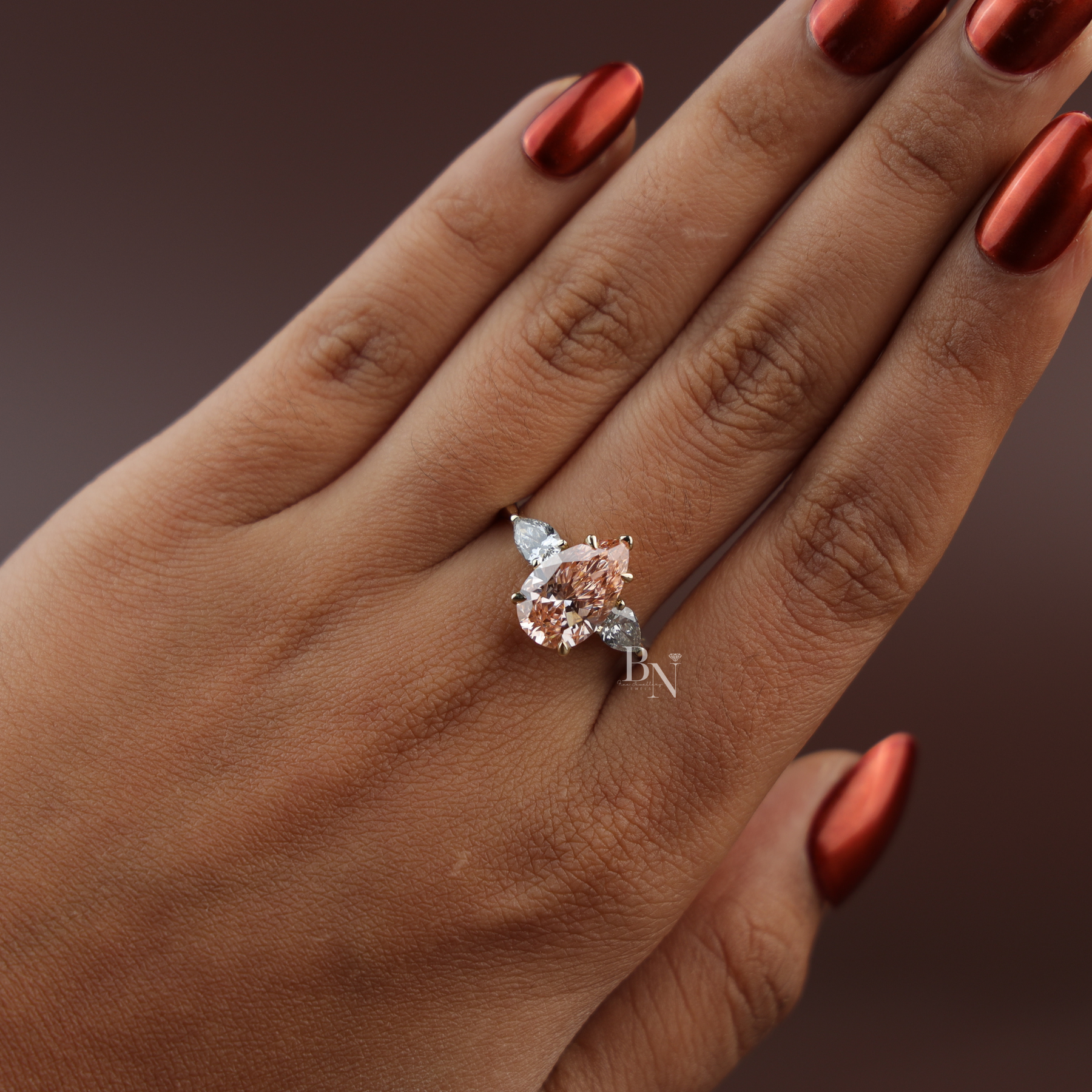 3ct Fancy Pink Pear Cut Lab Grown Diamond Engagement Ring | Three Stone Tapered Bridal 14K Yellow Gold