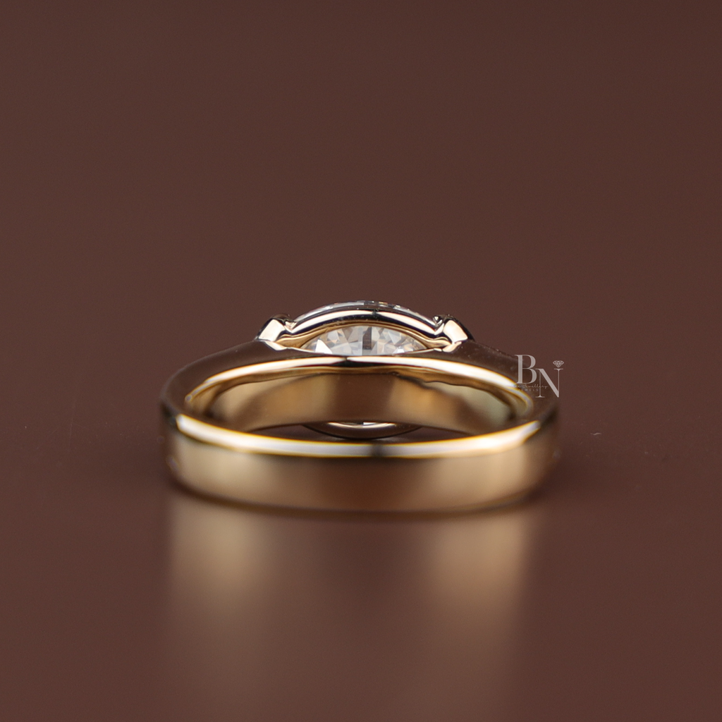 3ct East West Oval Cut Lab Grown Diamond Engagement Ring | 14K Yellow Gold Bezel Solitaire | Horizontal Oval Plain Band