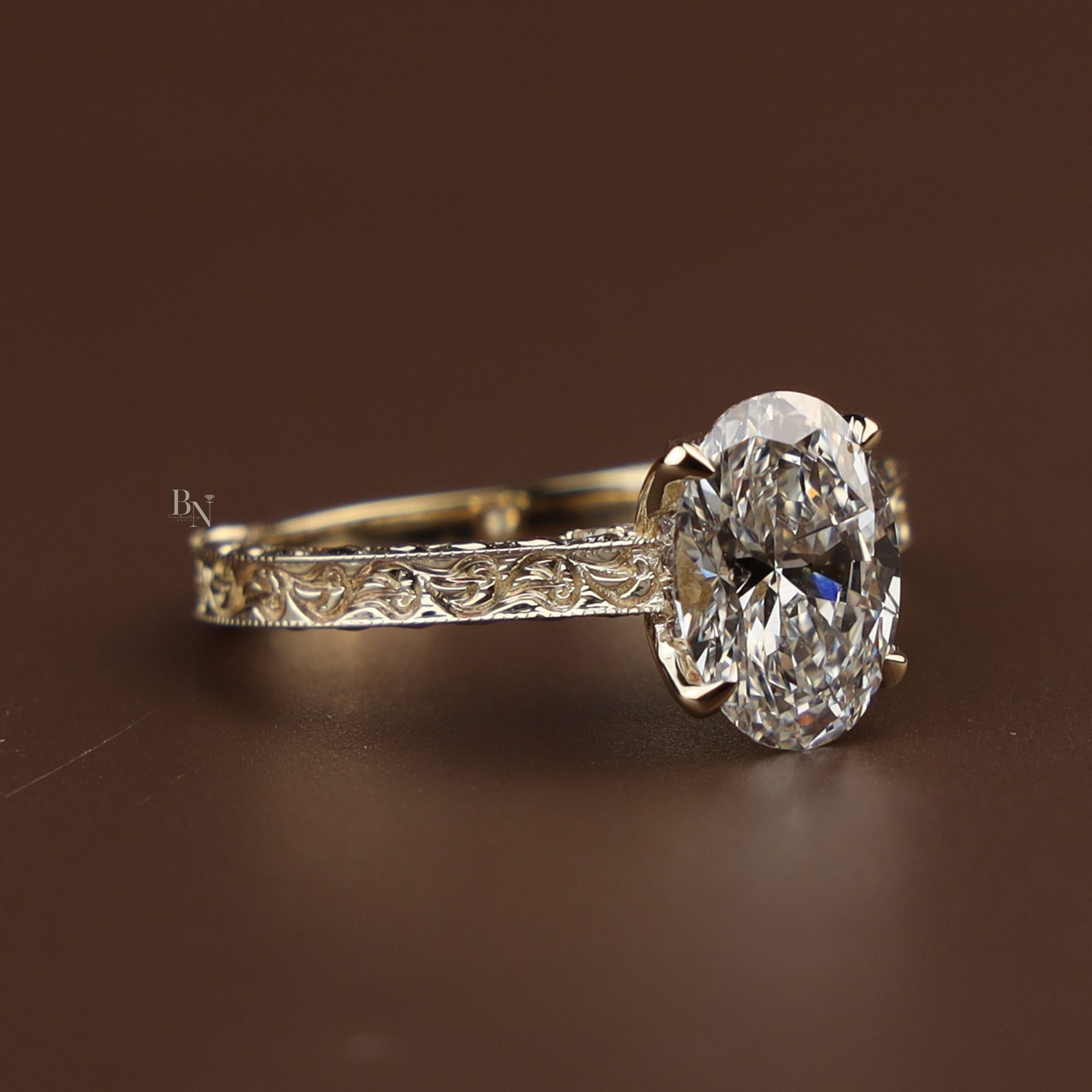 2ct Oval Lab Grown Diamond Engagement Ring | Vintage Hand Engraved Hidden Halo 14K Yellow Gold