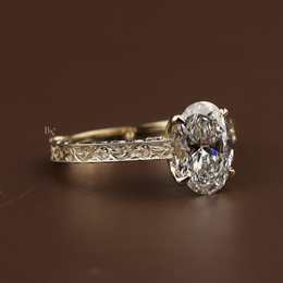 2ct Oval Lab Grown Diamond Engagement Ring | Vintage Hand Engraved Hidden Halo 14K Yellow Gold