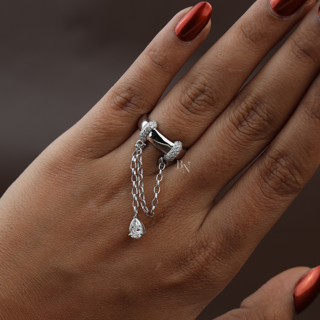 Pear Cut Lab Grown Diamond Dangle Chain Ring | 14K White Gold Lariat Band | Avant Garde Minimalist Bridal Jewelry | Edgy Teardrop Ring