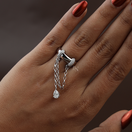Pear Cut Lab Grown Diamond Dangle Chain Ring | Lariat Band 14K White Gold