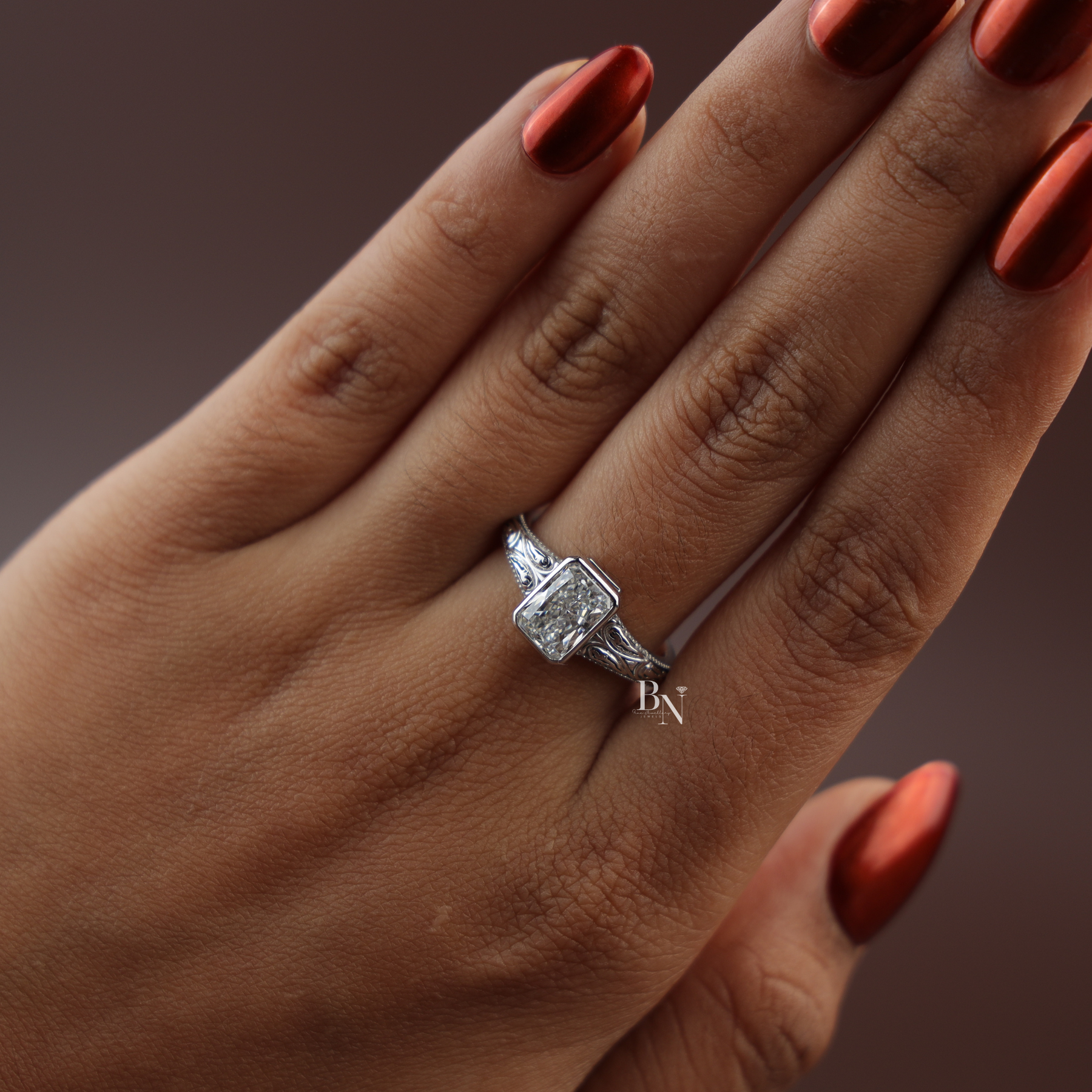 1.5ct Radiant Lab Grown Diamond Engagement Ring | Vintage Engraved Bezel Art Deco 14K Gold