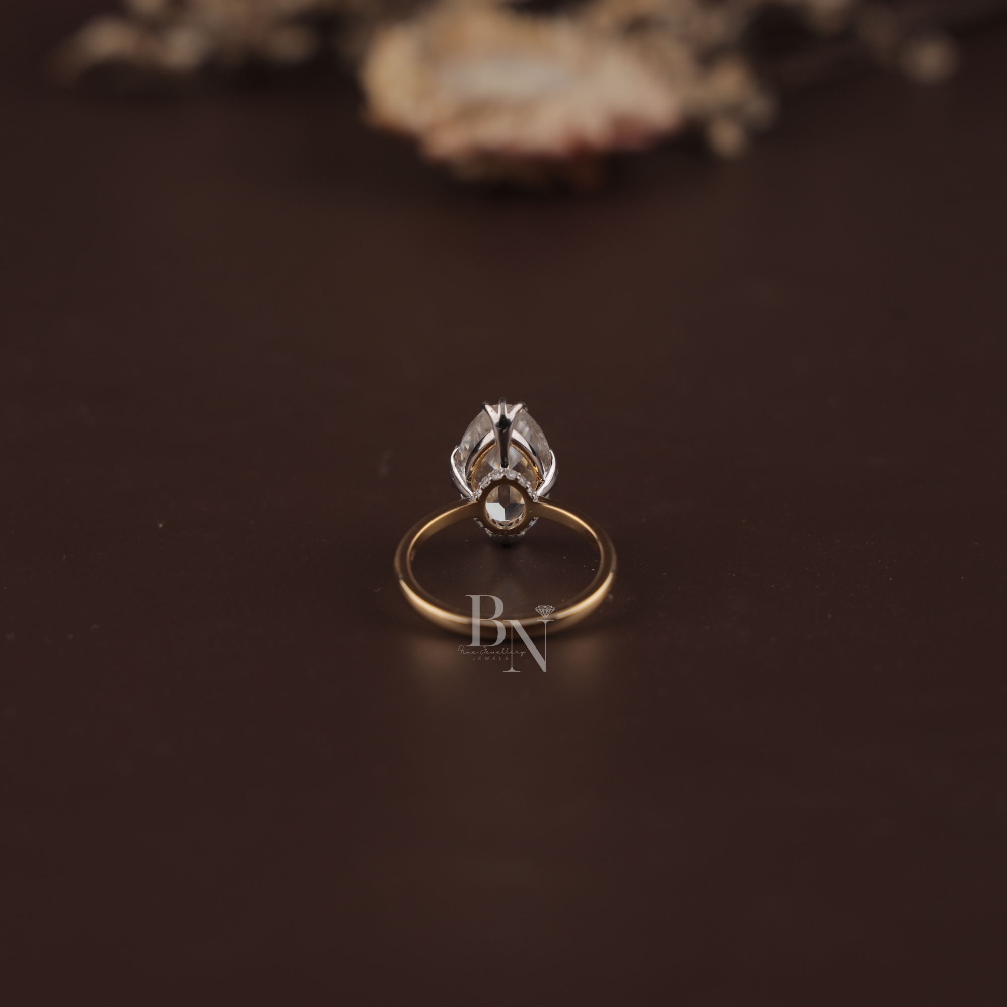 3ct Old Mine Moval Lab Diamond Engagement Ring | Elongated Antique Movall Cut | 14K Two Tone Gold Hidden Halo | Claw Prong Bridal Ring | IGI