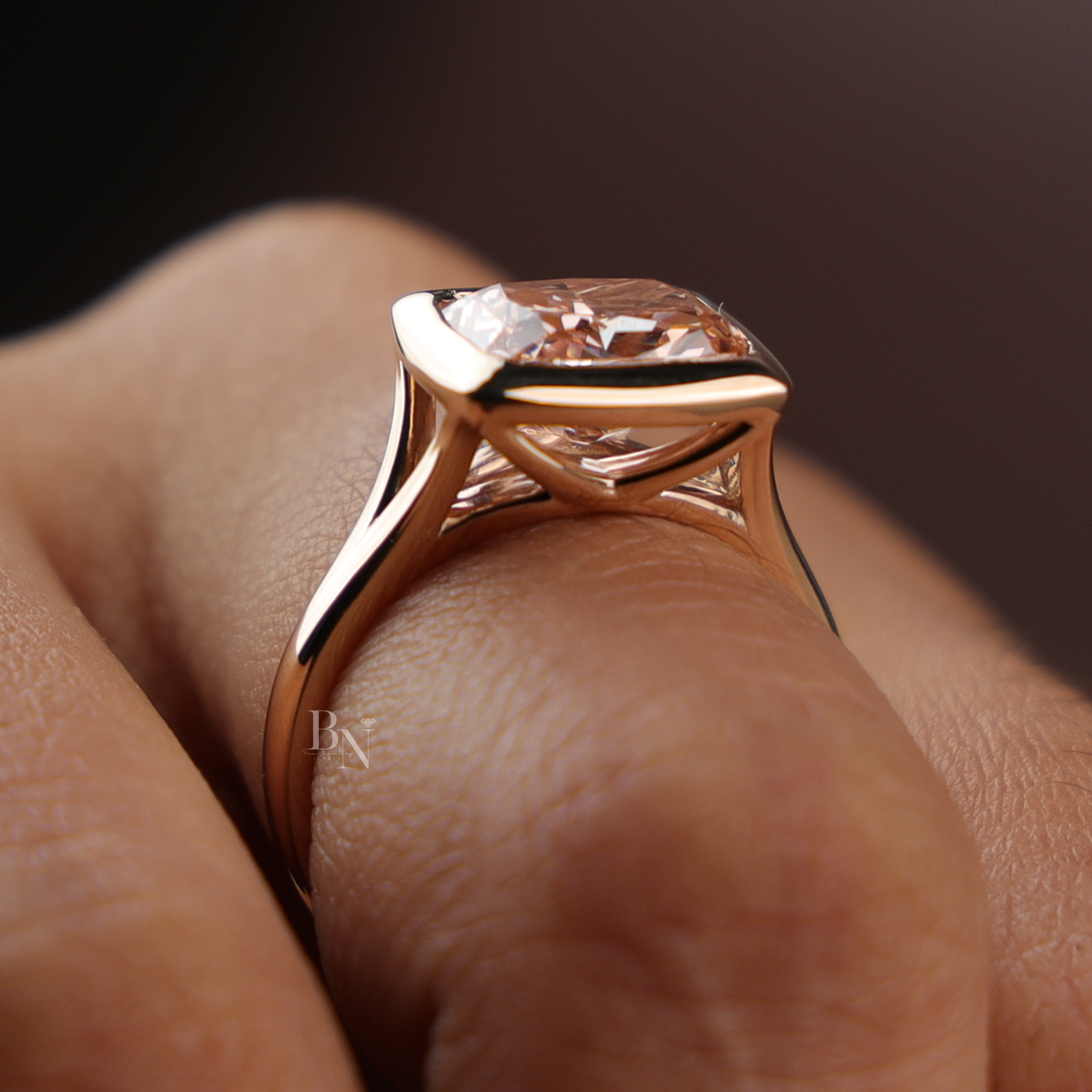 3ct Fancy Pink Cushion Lab Grown Diamond Ring | East West Bezel Set Minimalist Solitaire 14K Rose Gold