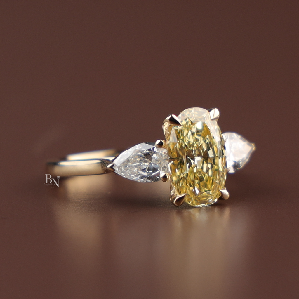 2ct Fancy Yellow Oval Lab Grown Diamond Engagement Ring | 14K Yellow Gold Three Stone Ring | Pear Cut