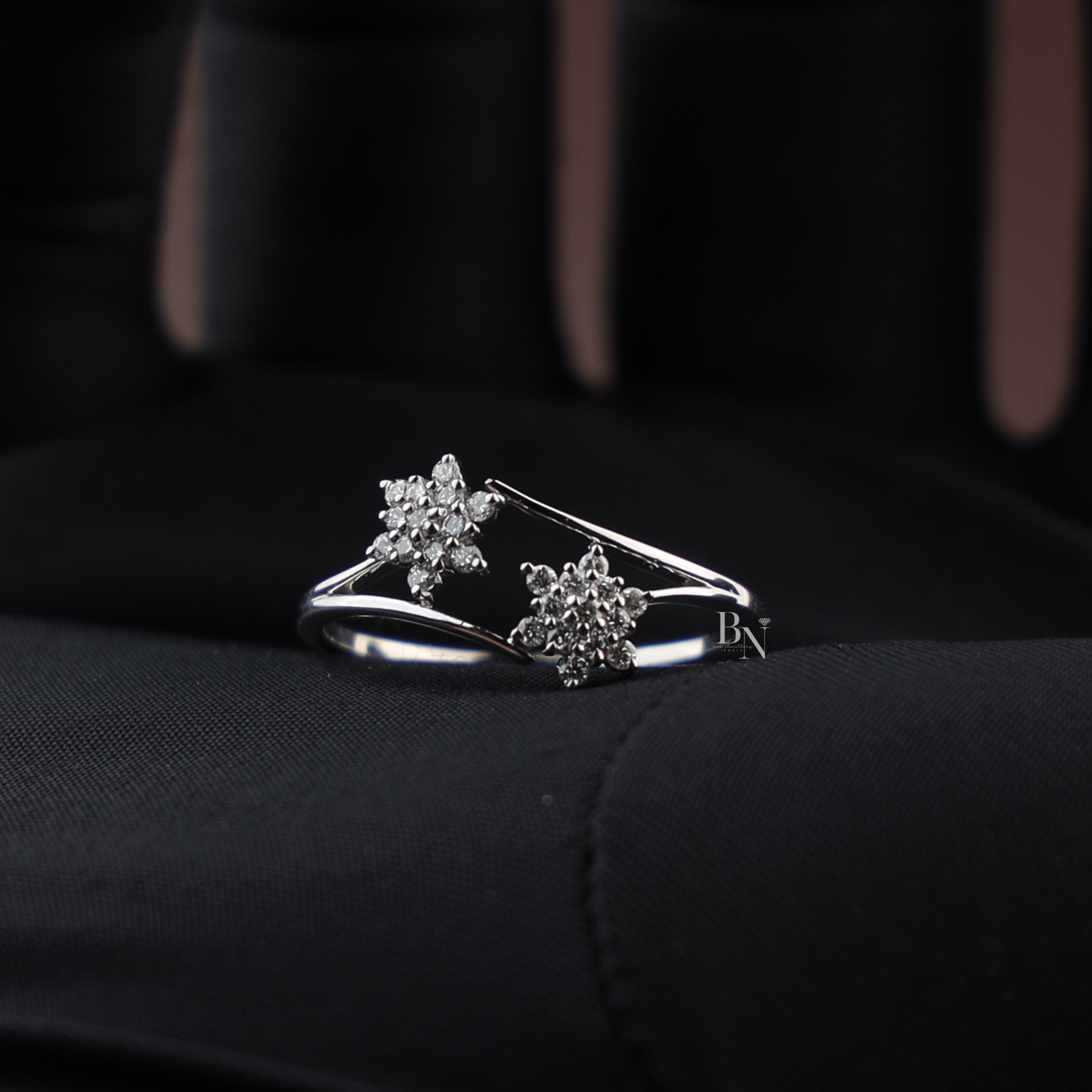 Lab Grown Diamond Open Bypass Ring | Star Cluster Floral Wrap Dainty Stacking 14K White Gold