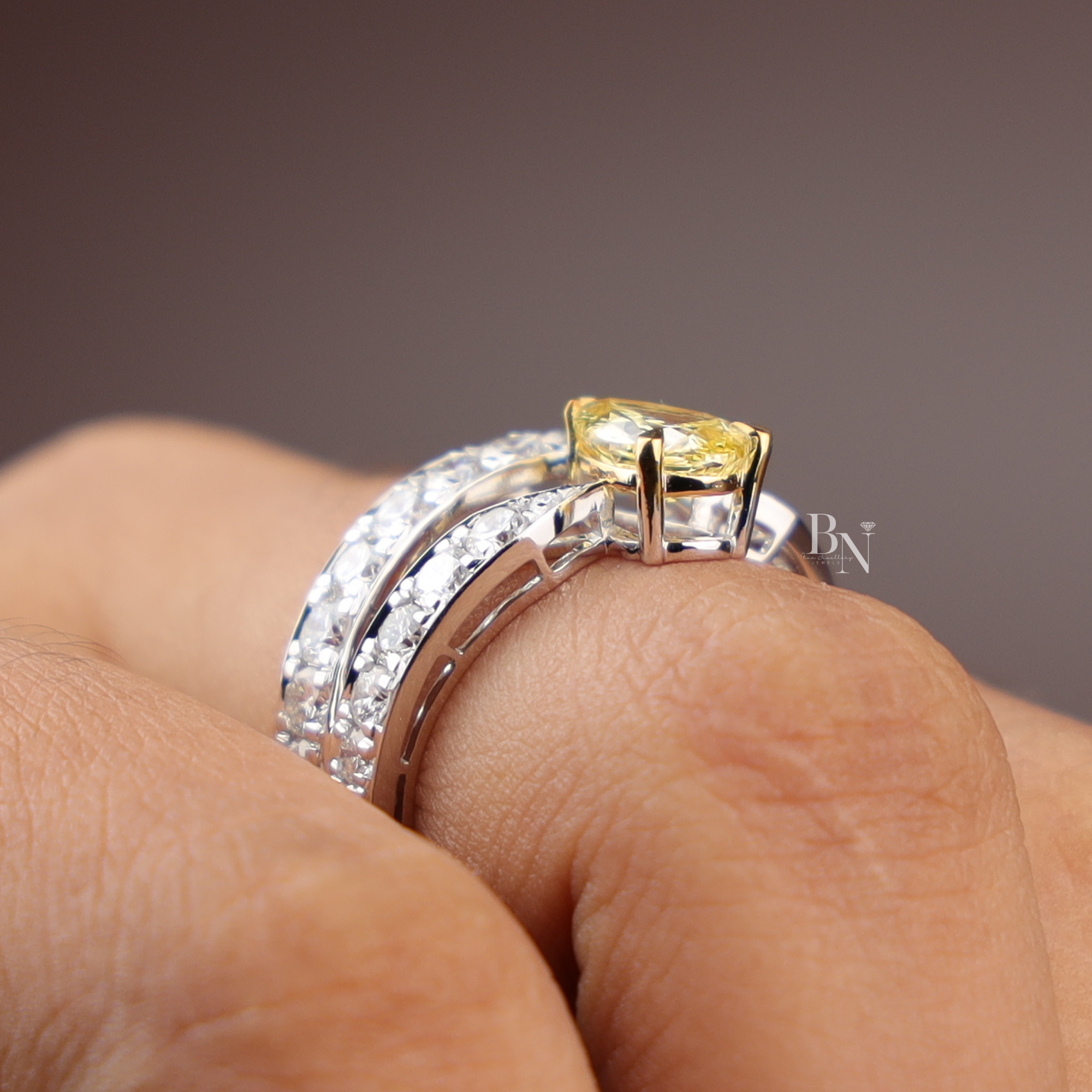 1ct Fancy Canary Yellow Lab Grown Diamond Bridal Set | 14K Yellow Gold Bezel Engagement Ring | Pave Chevron V Nesting Band