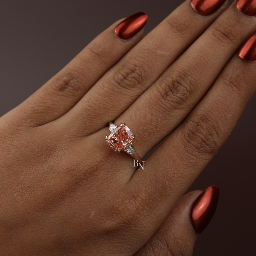 3ct Fancy Pink Cushion Lab Diamond Engagement Ring, 14K Gold Three Stone Bridal Ring, Pink Cushion Cut Anniversary Ring, Pear Side Stone Ring
