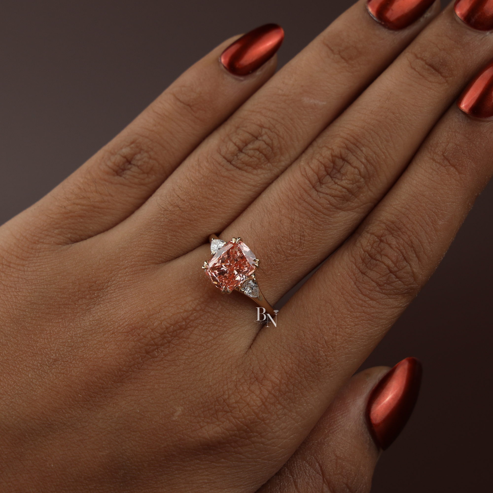 3ct Fancy Pink Cushion Lab Diamond Engagement Ring, 14K Gold Three Stone Bridal Ring, Pink Cushion Cut Anniversary Ring, Pear Side Stone Ring