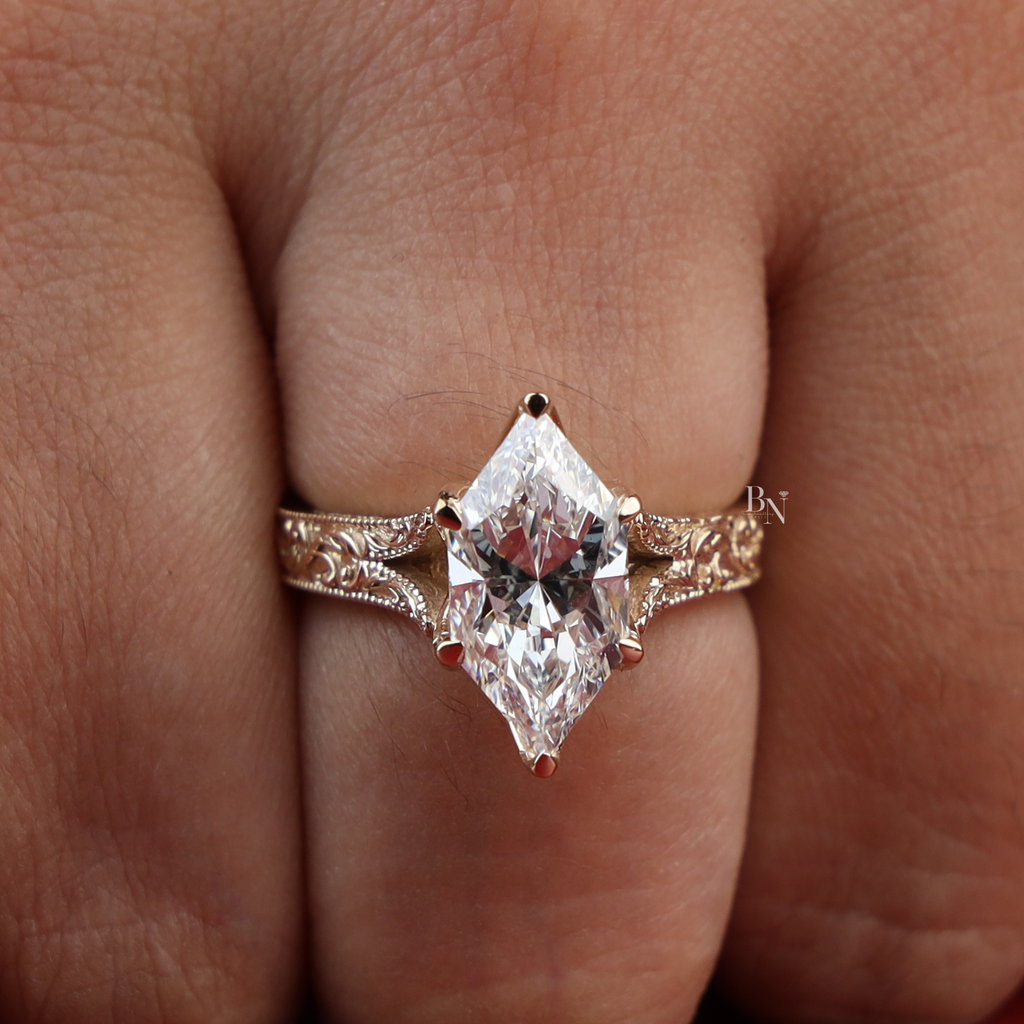 3ct Dutch Marquise Lab Grown Diamond Engagement Ring | Vintage Engraved 14k Yellow Gold Band | Solitaire Marquise Ring |