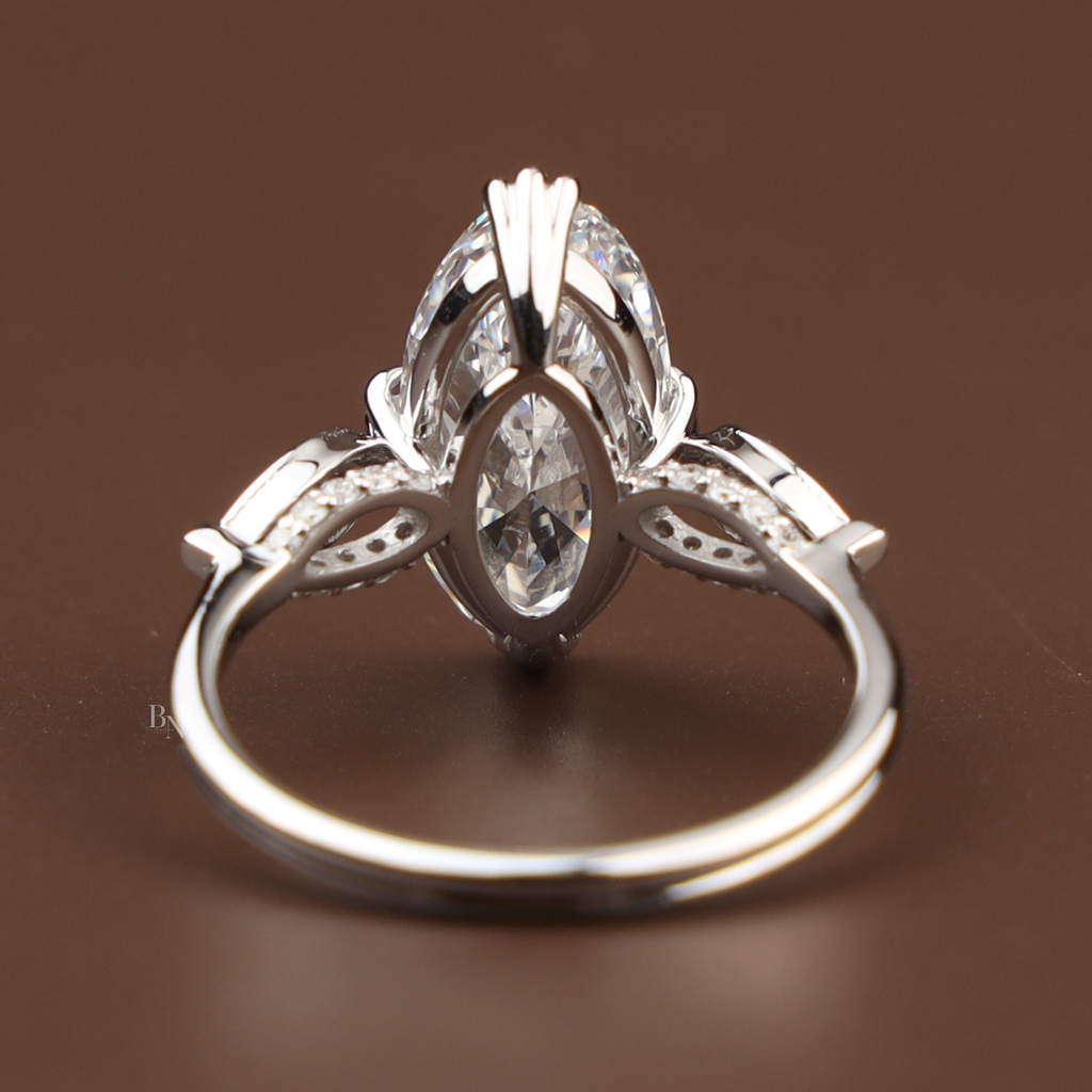 3ct Moval Cut Lab Grown Diamond Engagement Ring | 14K White Gold Vintage Solitaire | Milgrain Navette Band| Art Deco Promise