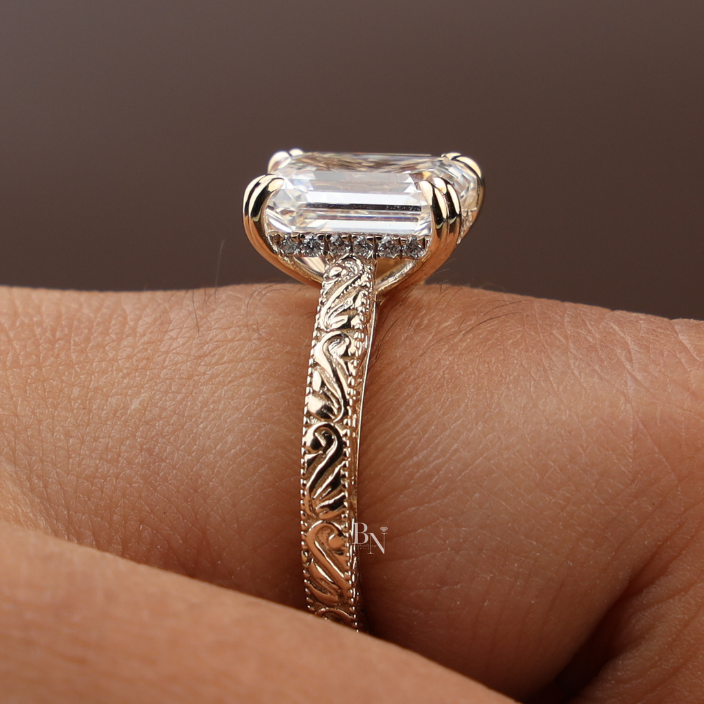 3ct Emerald Cut Lab Grown Diamond Engagement Ring | Vintage Engraved Gold Solitaire | Art Deco Antique Inspired |
