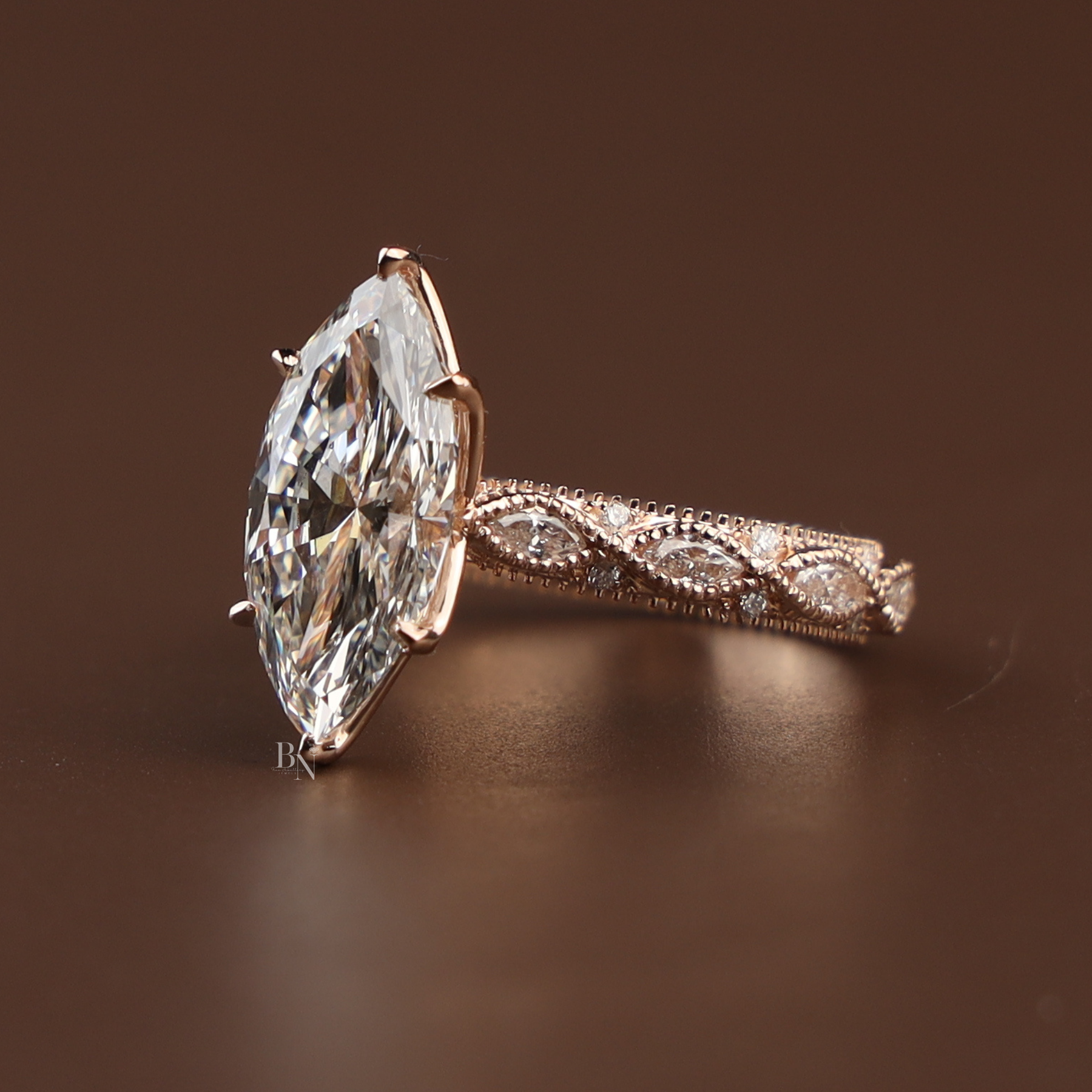 3ct Marquise Lab Grown Diamond Engagement Ring | Vintage Twisted Vine Band 14K Rose Gold