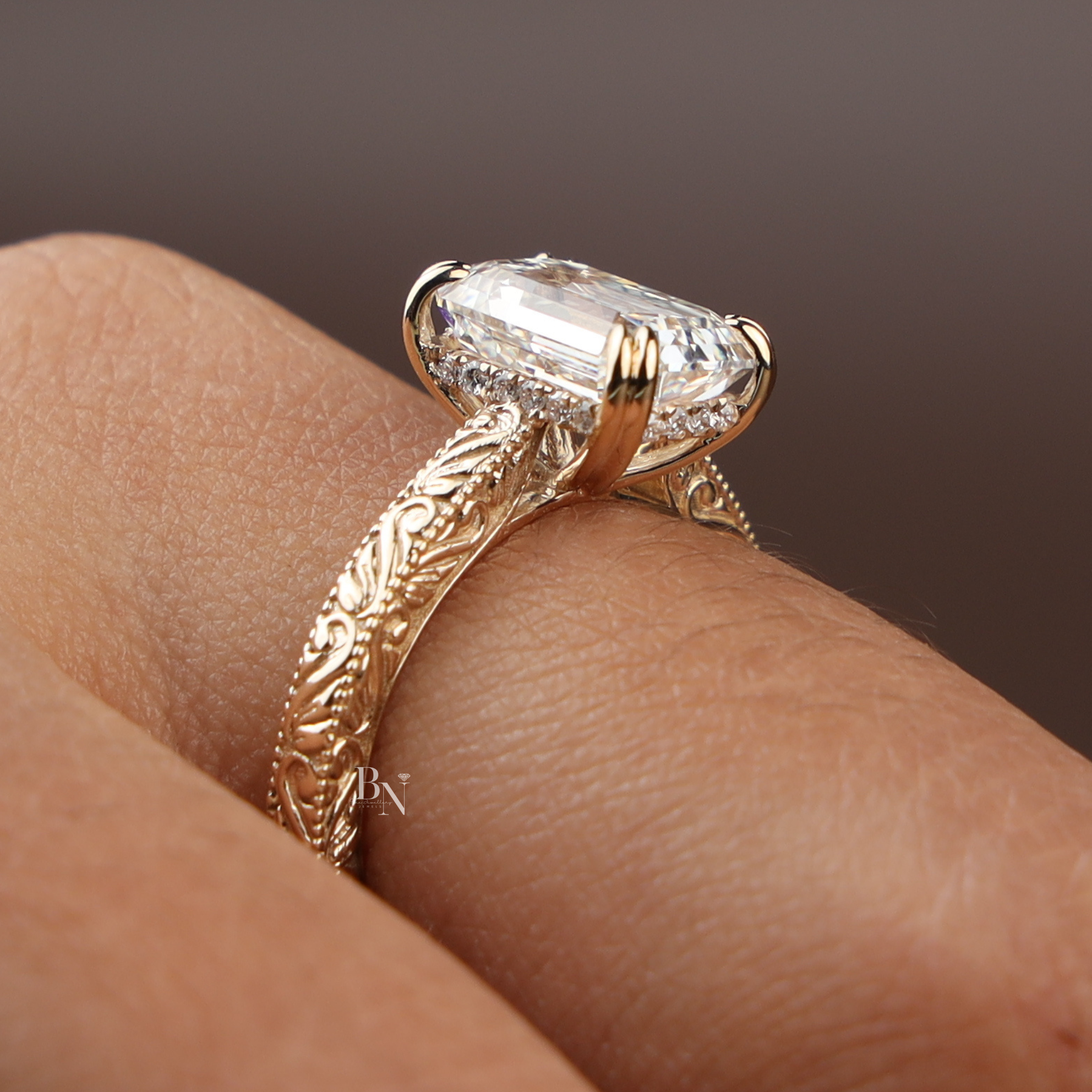 3ct Emerald Cut Lab Grown Diamond Engagement Ring | Vintage Engraved Art Deco Solitaire 14K Gold