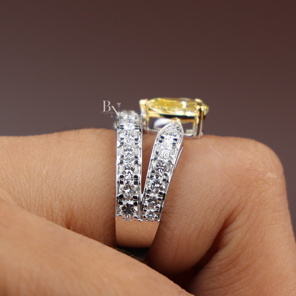 1ct Fancy Canary Yellow Lab Grown Diamond Bridal Set | 14K Yellow Gold Bezel Engagement Ring | Pave Chevron V Nesting Band