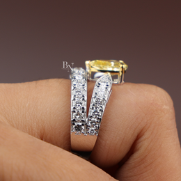 1ct Fancy Canary Yellow Lab Grown Diamond Bridal Set | Bezel Engagement Ring Pavé Chevron Band 14K Yellow Gold