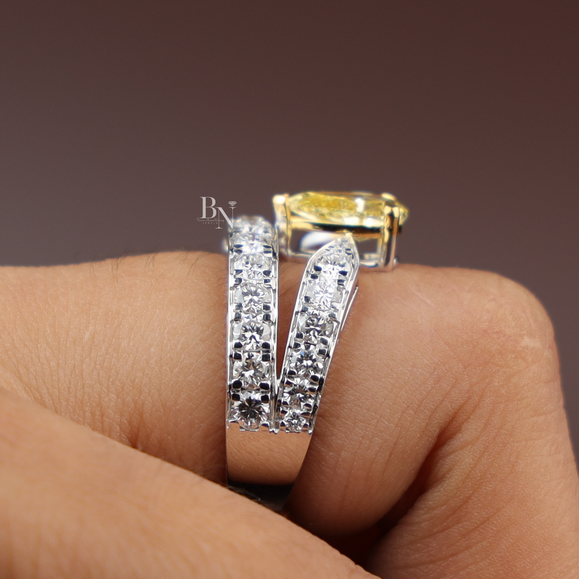 1ct Fancy Canary Yellow Lab Grown Diamond Bridal Set | 14K Yellow Gold Bezel Engagement Ring | Pave Chevron V Nesting Band