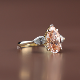 3ct Fancy Pink Pear Cut Lab Grown Diamond Engagement Ring | Three Stone Tapered Bridal 14K Yellow Gold