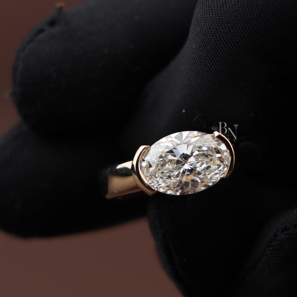 3ct East West Oval Cut Lab Grown Diamond Engagement Ring | 14K Yellow Gold Bezel Solitaire | Horizontal Oval Plain Band
