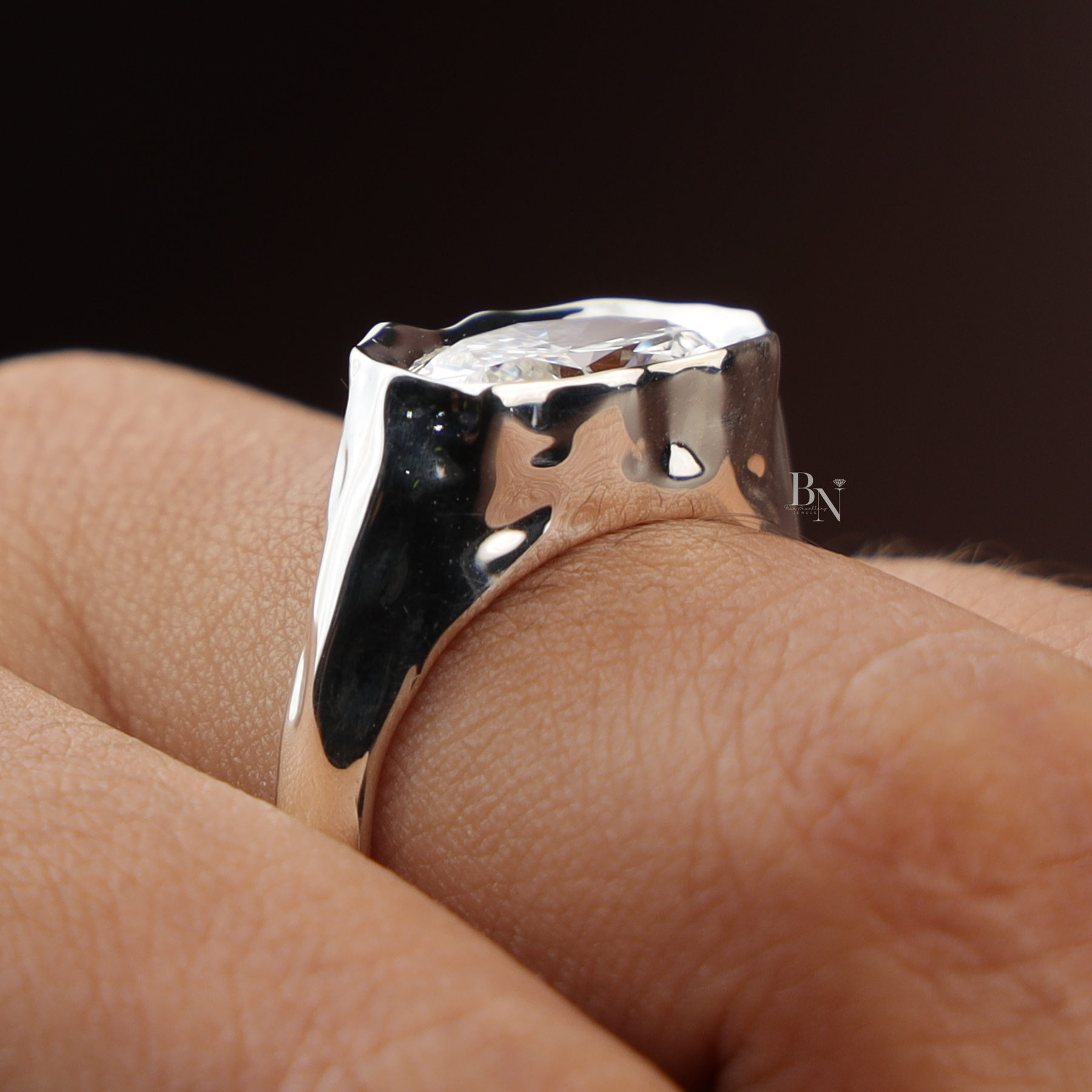3ct Oval Lab Grown Diamond Engagement Ring | Molten Bezel Heavy Signet Asymmetric 14K Platinum