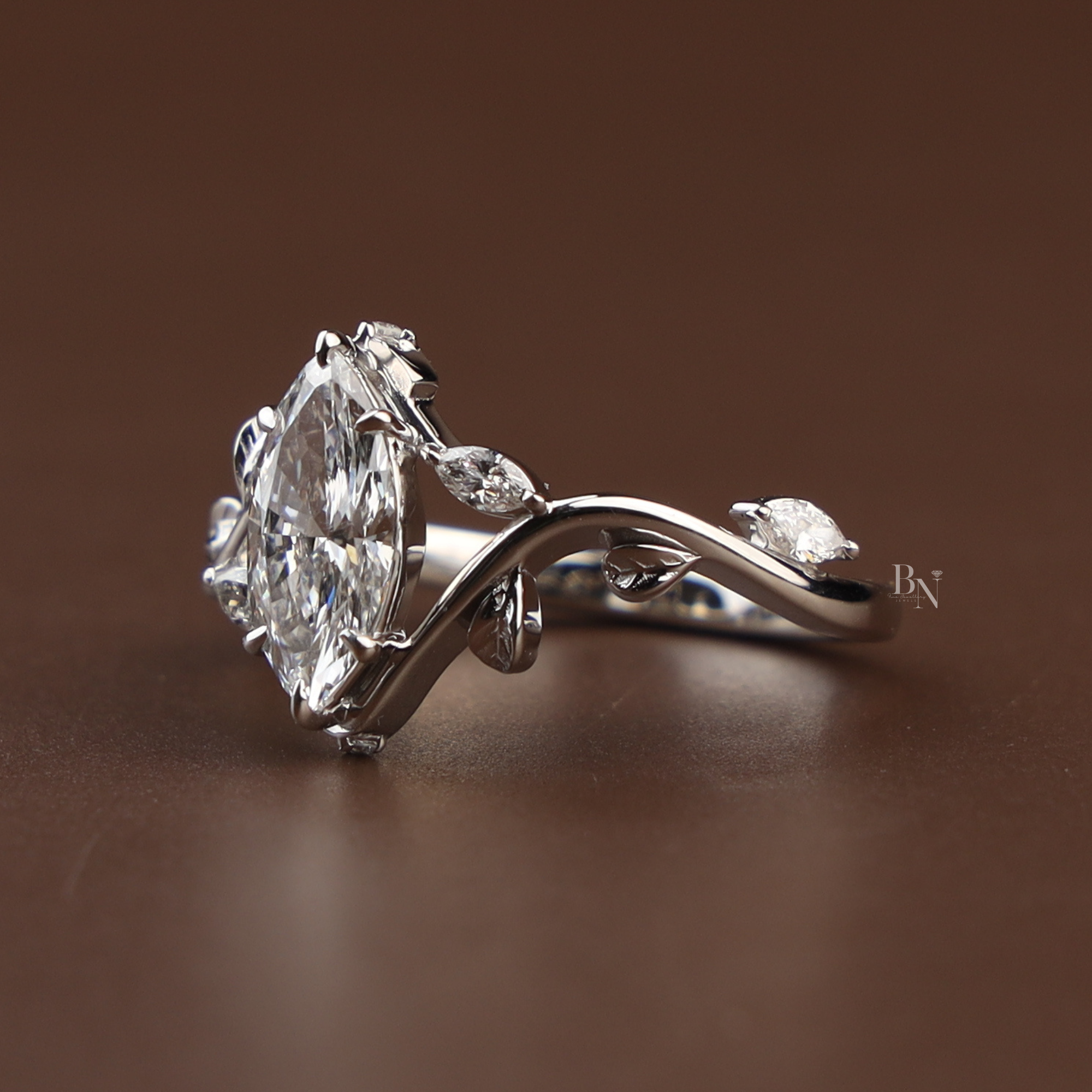 1ct Marquise Lab Diamond Engagement Ring | Nature Vine Leaf Setting | 14k White Gold Bridal Ring | Marquise Cut Anniversary Gift for Her
