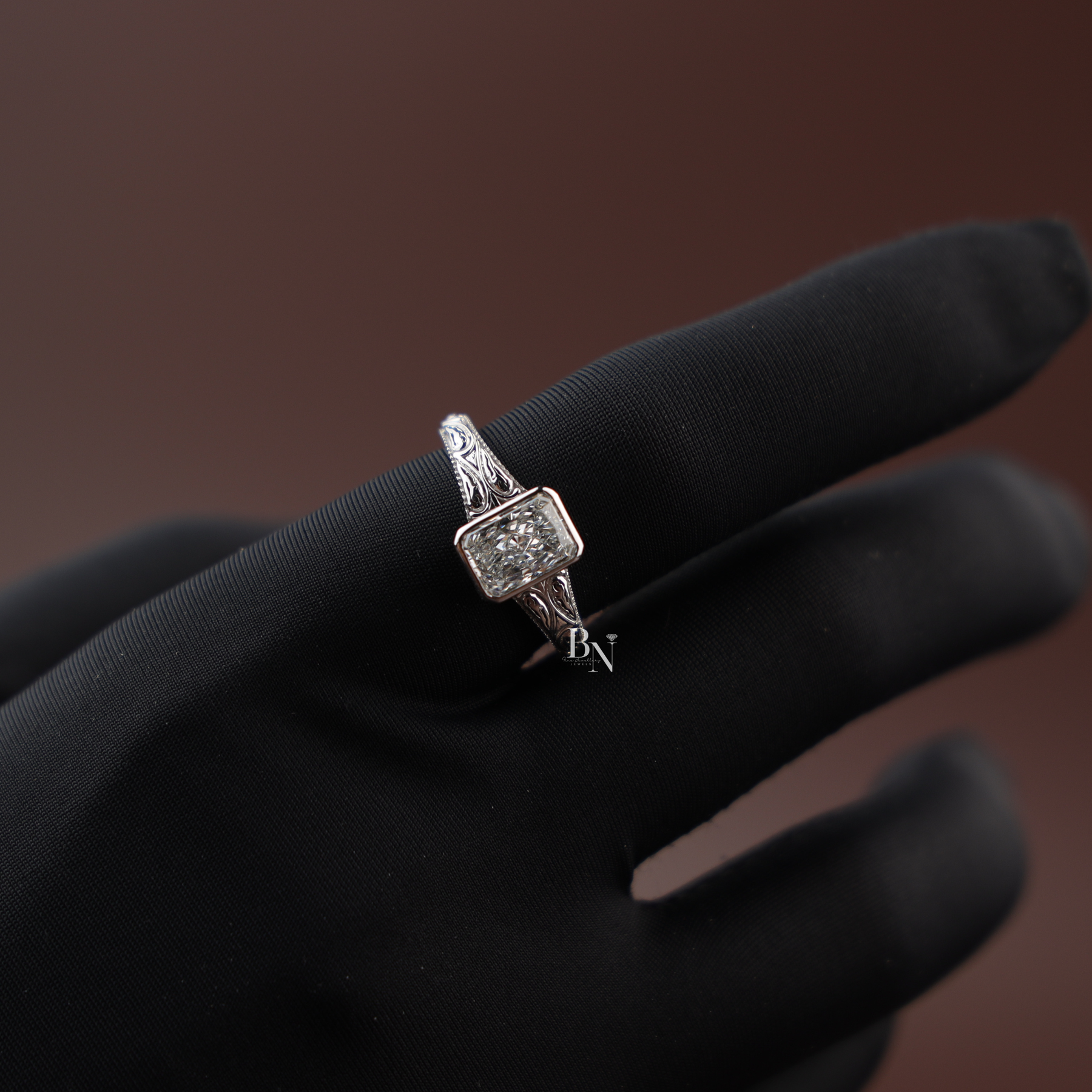 1.5ct Radiant Lab Grown Diamond Engagement Ring | Vintage Engraved Bezel Art Deco 14K Gold