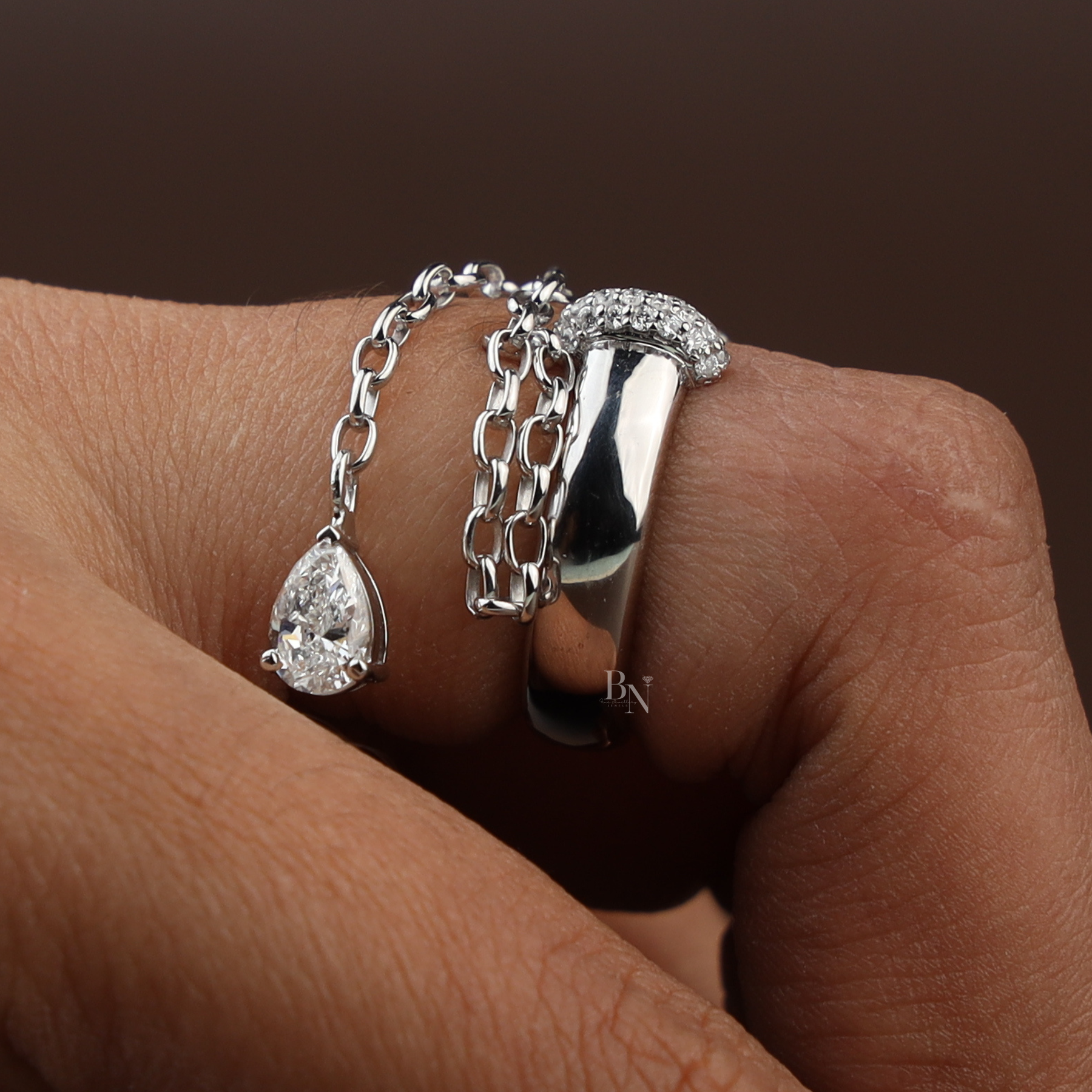 Pear Cut Lab Grown Diamond Dangle Chain Ring | Lariat Band 14K White Gold