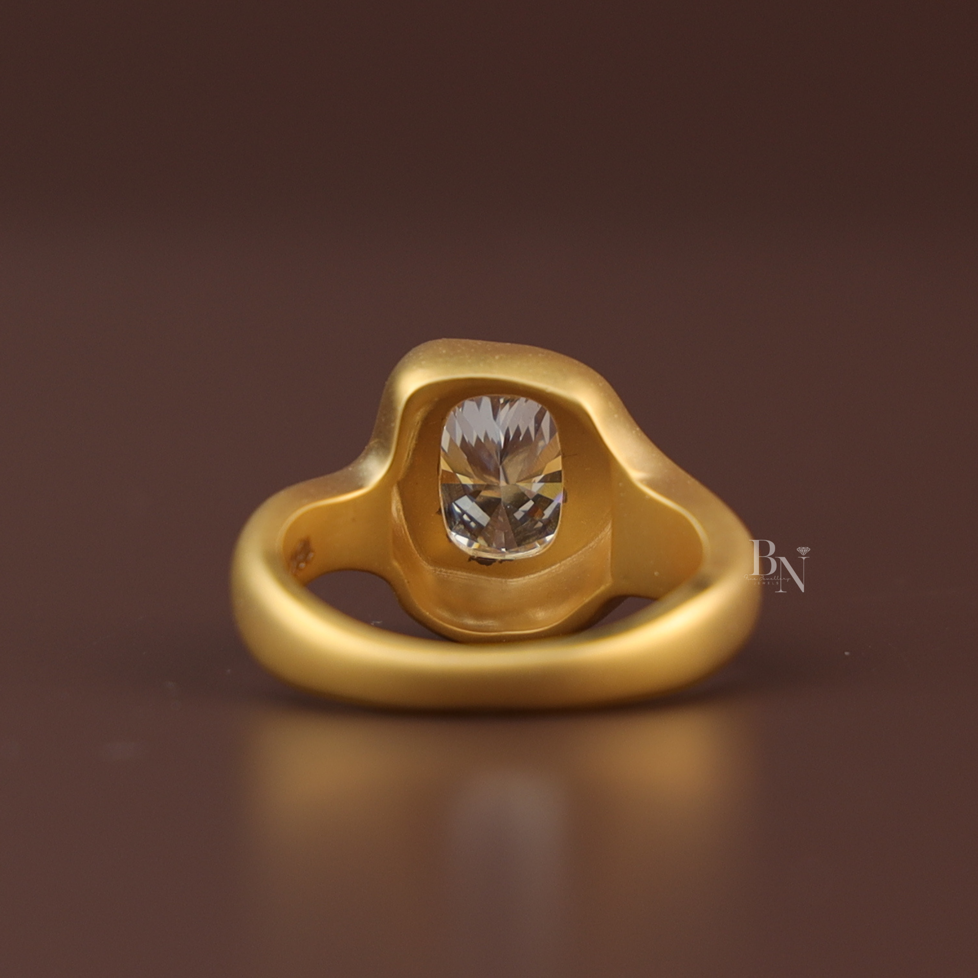 3ct Cushion Cut Lab Grown Diamond Engagement Ring | Matte Bezel Sculptural Chunky Solitaire 14K Yellow Gold