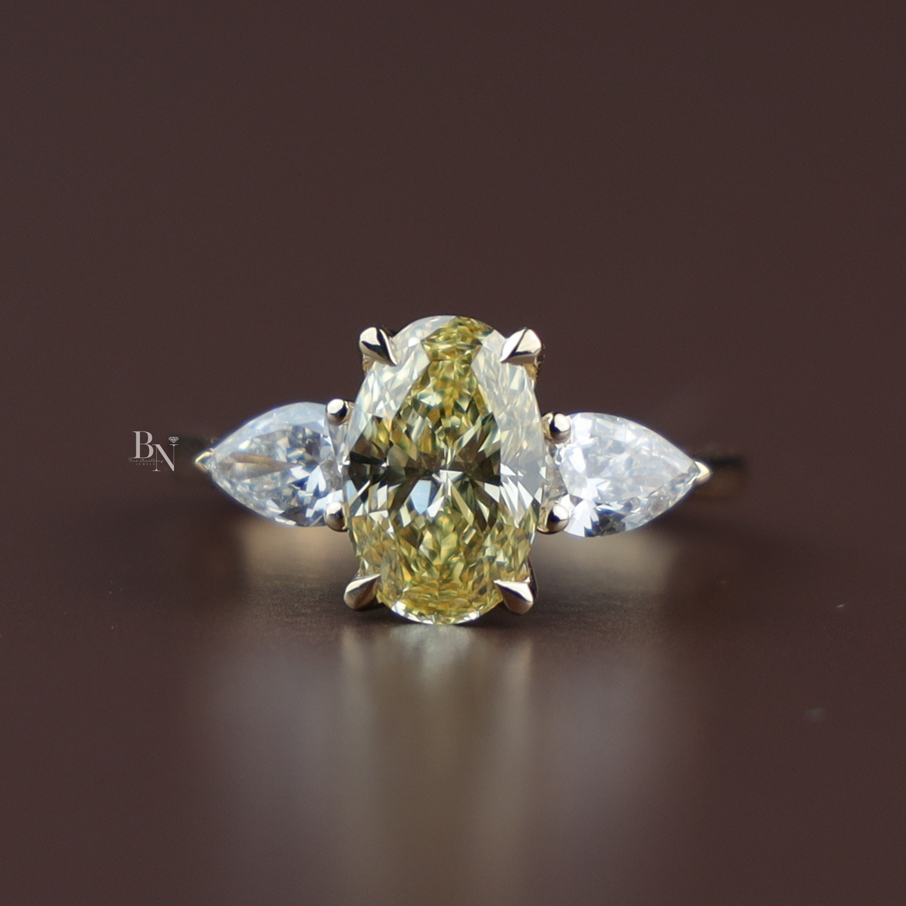 2ct Fancy Yellow Oval Lab Grown Diamond Engagement Ring | Three Stone Pear Cut 14K Yellow Gold