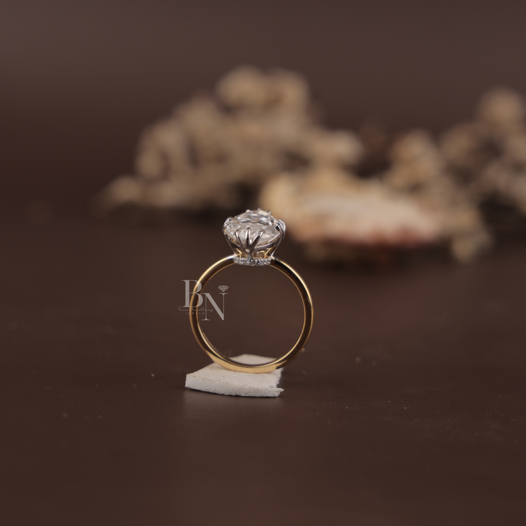 3ct Old Mine Moval Lab Diamond Engagement Ring | Elongated Antique Movall Cut | 14K Two Tone Gold Hidden Halo | Claw Prong Bridal Ring | IGI