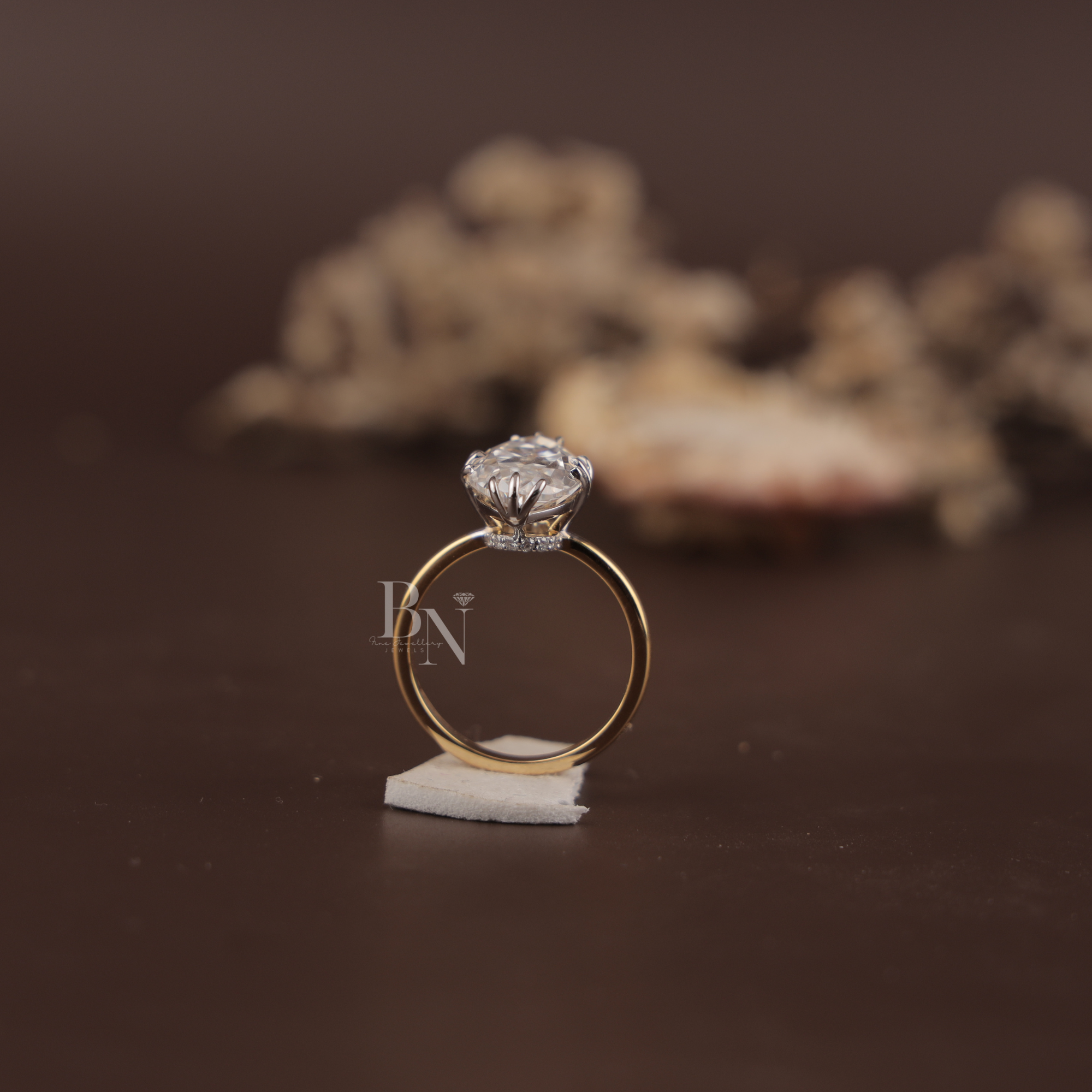 3ct Old Mine Moval Lab Diamond Engagement Ring | Elongated Antique Movall Cut | 14K Two Tone Gold Hidden Halo | Claw Prong Bridal Ring | IGI