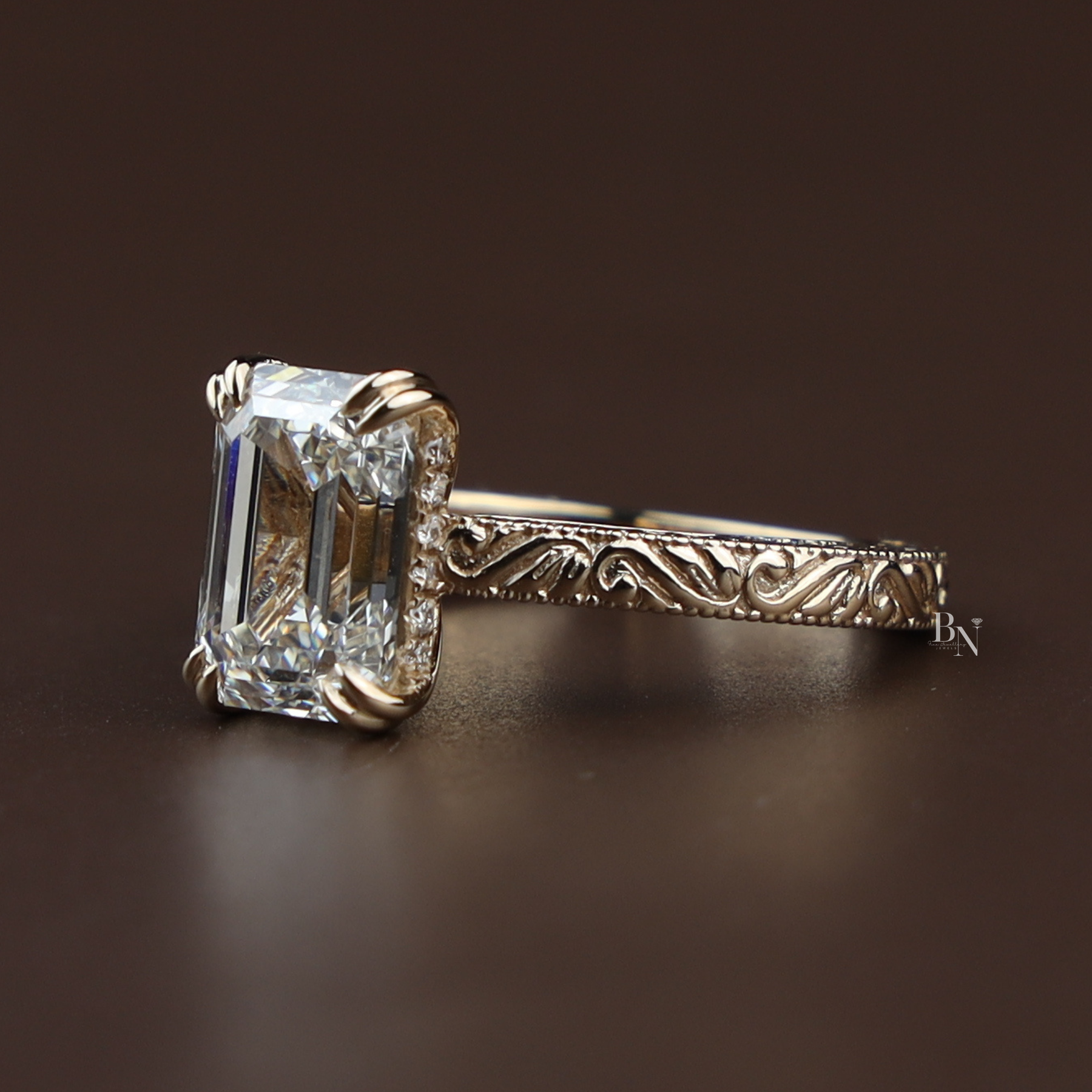 3ct Emerald Cut Lab Grown Diamond Engagement Ring | Vintage Engraved Art Deco Solitaire 14K Gold