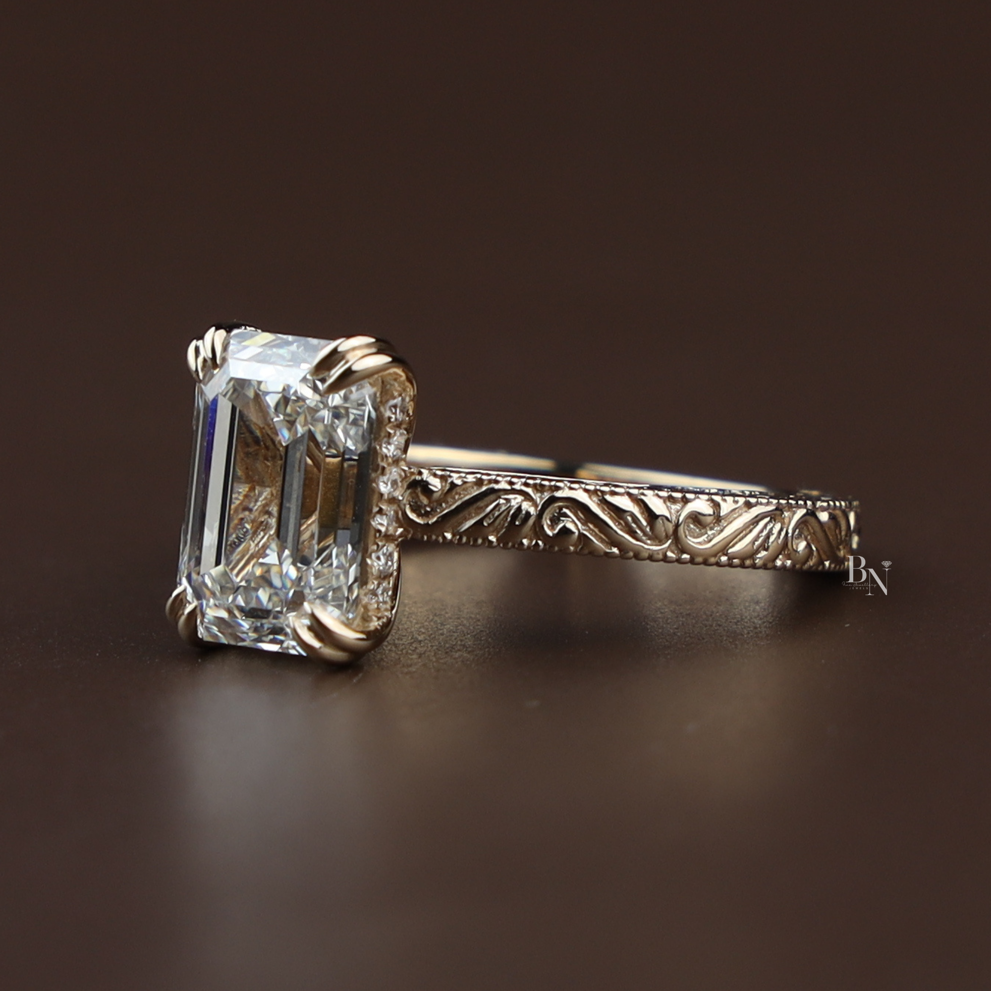 3ct Emerald Cut Lab Grown Diamond Engagement Ring | Vintage Engraved Gold Solitaire | Art Deco Antique Inspired |