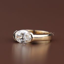 3ct East West Oval Cut Lab Grown Diamond Engagement Ring | Bezel Solitaire Horizontal Plain Band 14K Yellow Gold