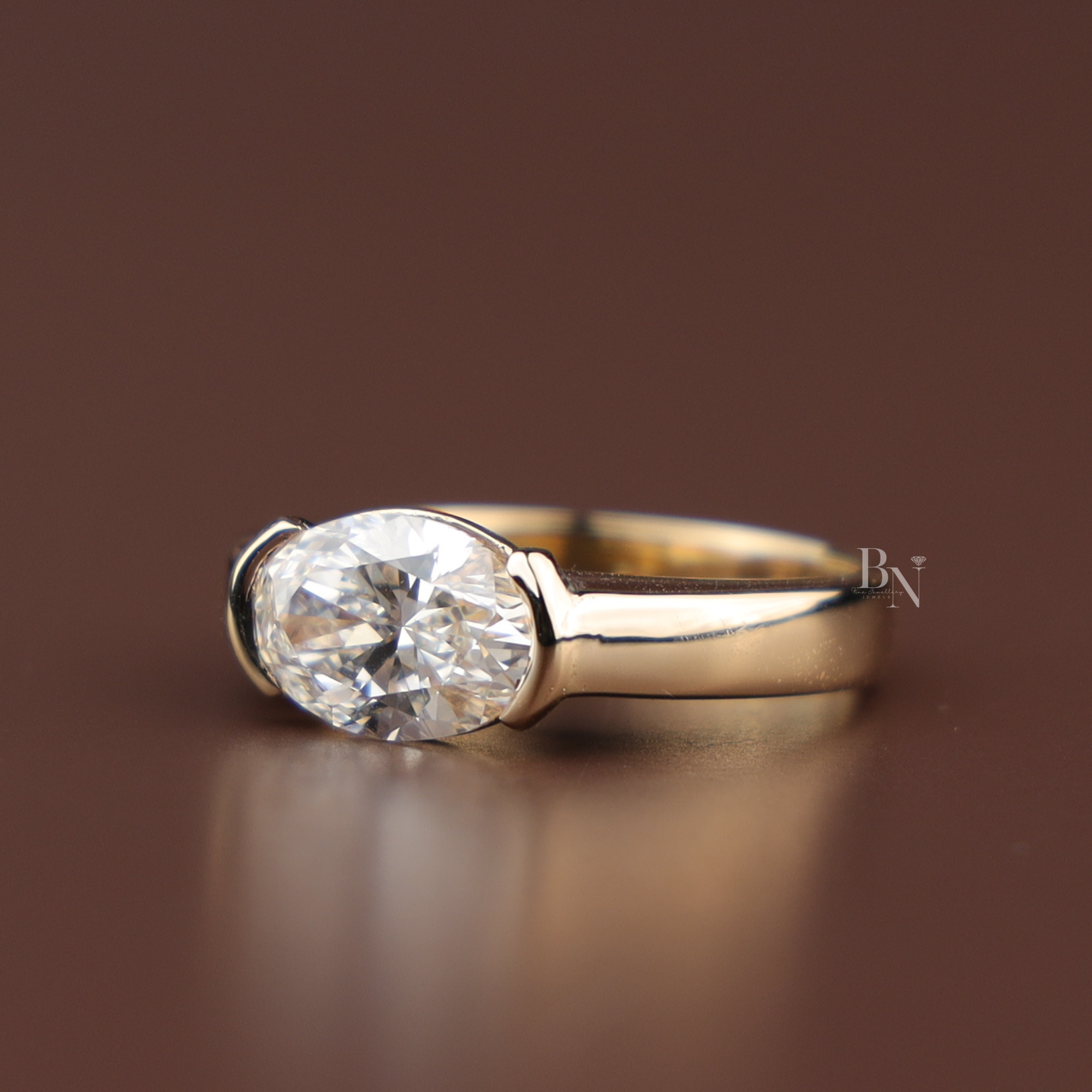 3ct East West Oval Cut Lab Grown Diamond Engagement Ring | 14K Yellow Gold Bezel Solitaire | Horizontal Oval Plain Band