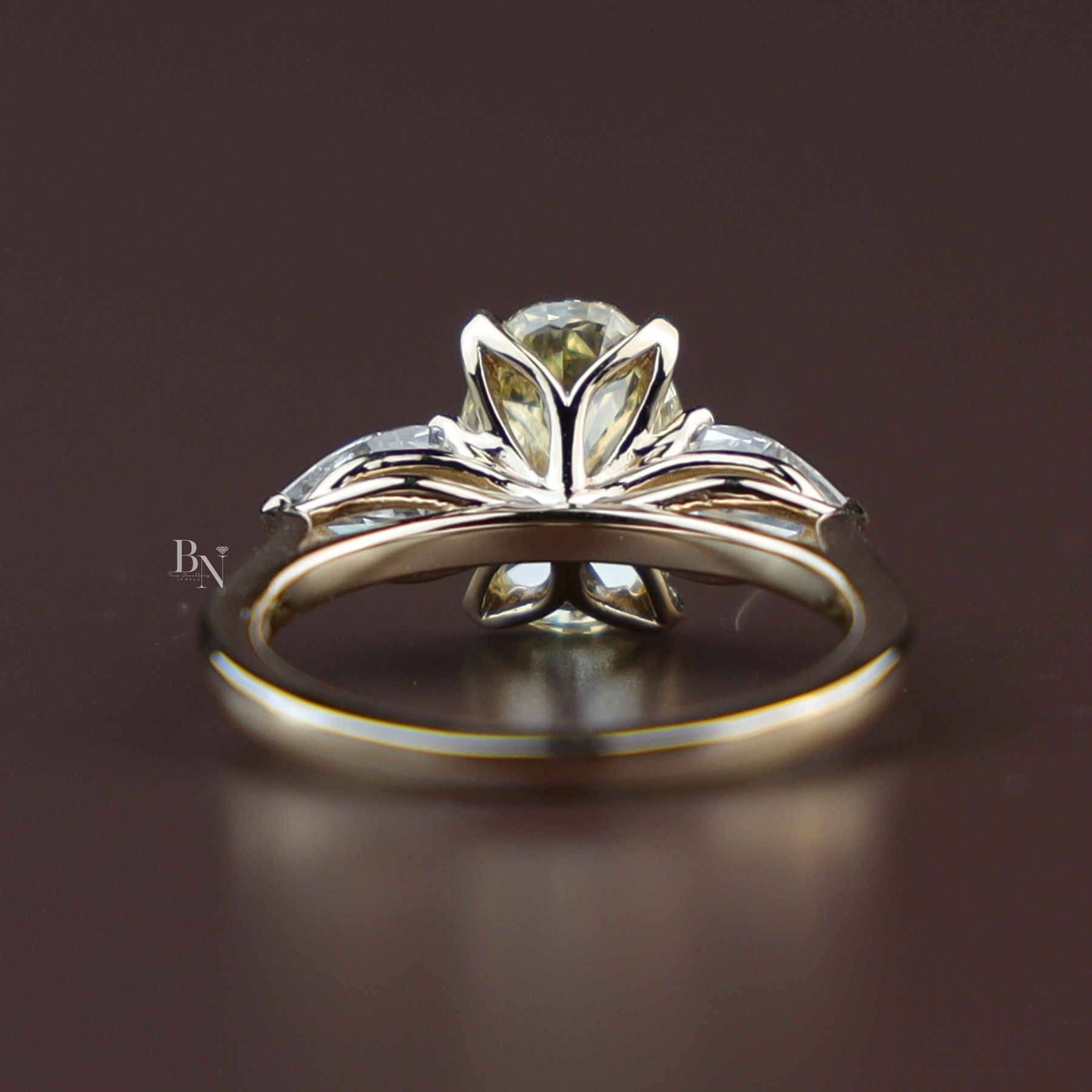 2ct Fancy Yellow Oval Lab Grown Diamond Engagement Ring | Three Stone Pear Cut 14K Yellow Gold