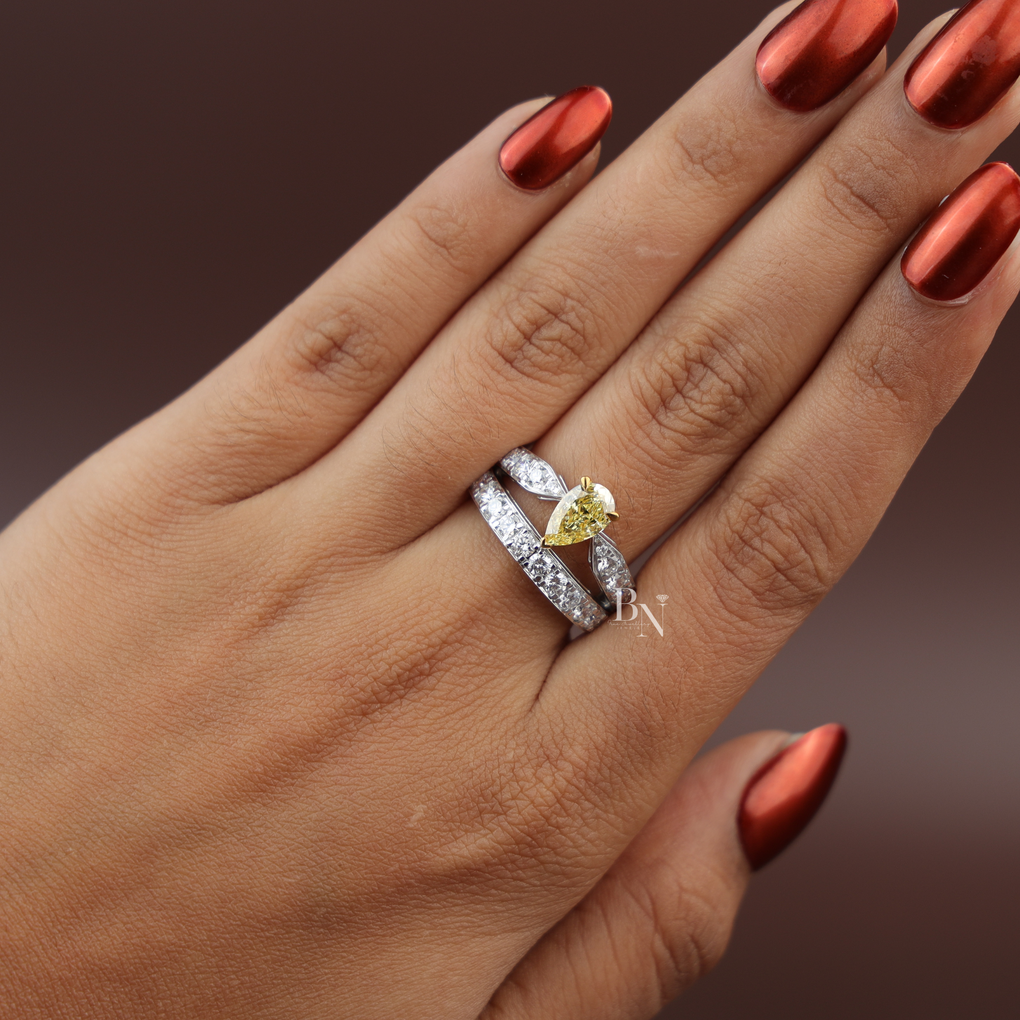 1ct Fancy Canary Yellow Lab Grown Diamond Bridal Set | 14K Yellow Gold Bezel Engagement Ring | Pave Chevron V Nesting Band
