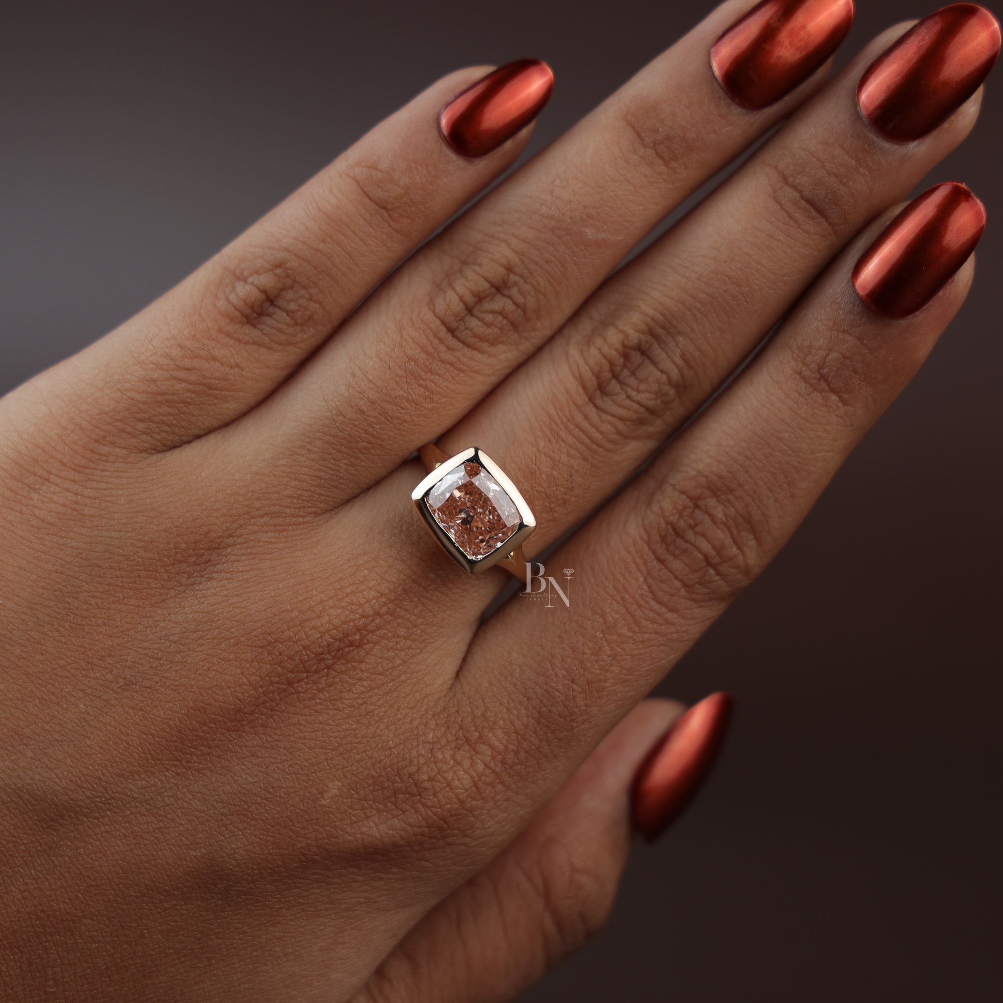 3ct Fancy Pink Cushion Lab Diamond Ring, East West Bezel Set Ring, Rose Gold Minimalist Wedding Ring, Unique Solitaire