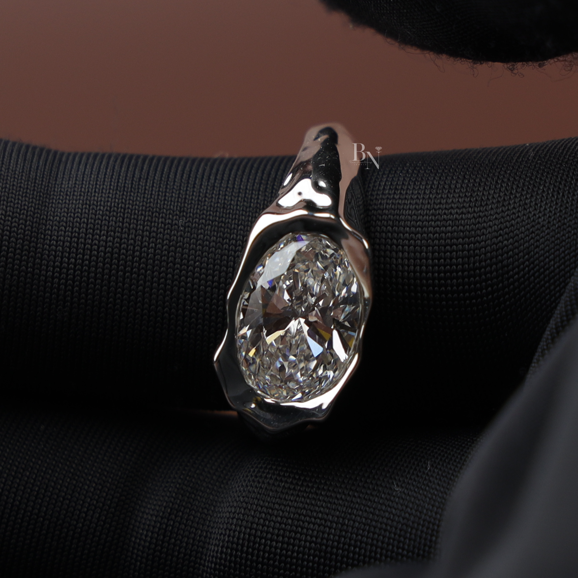 3ct Oval Lab Diamond Molten Bezel Ring, Platinum Heavy Signet Engagement Ring, Unique Chunky Wedding Ring, Asymmetric Bridal Jewelry