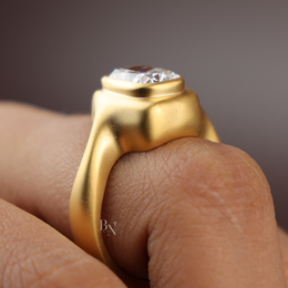 3ct Cushion Cut Lab Grown Diamond Engagement Ring | Matte Bezel Sculptural Chunky Solitaire 14K Yellow Gold