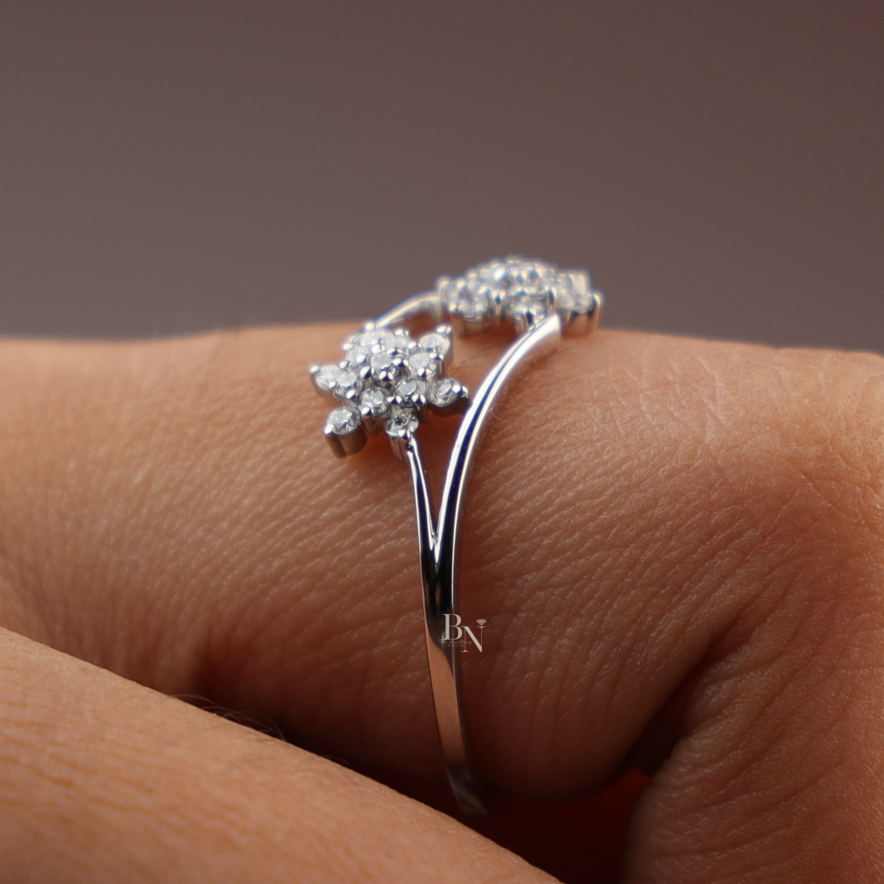 Lab Grown Diamond Open Bypass Ring | Star Cluster Floral Wrap Dainty Stacking 14K White Gold