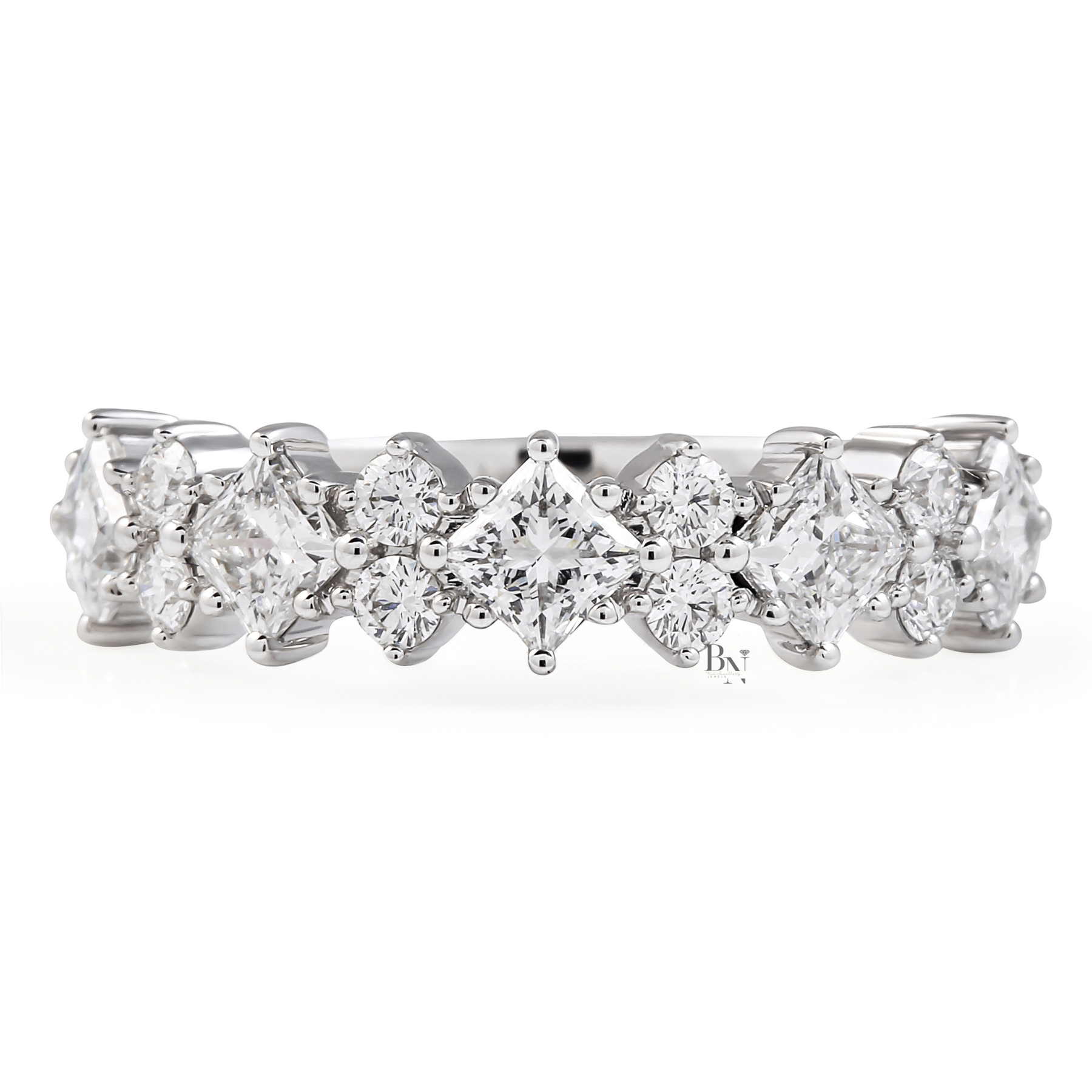 Princess Cut Lab Diamond Wedding Band, Alternating Compass Set Ring, 1.4CTW Halfway Pave Band, 5.3mm Wide
