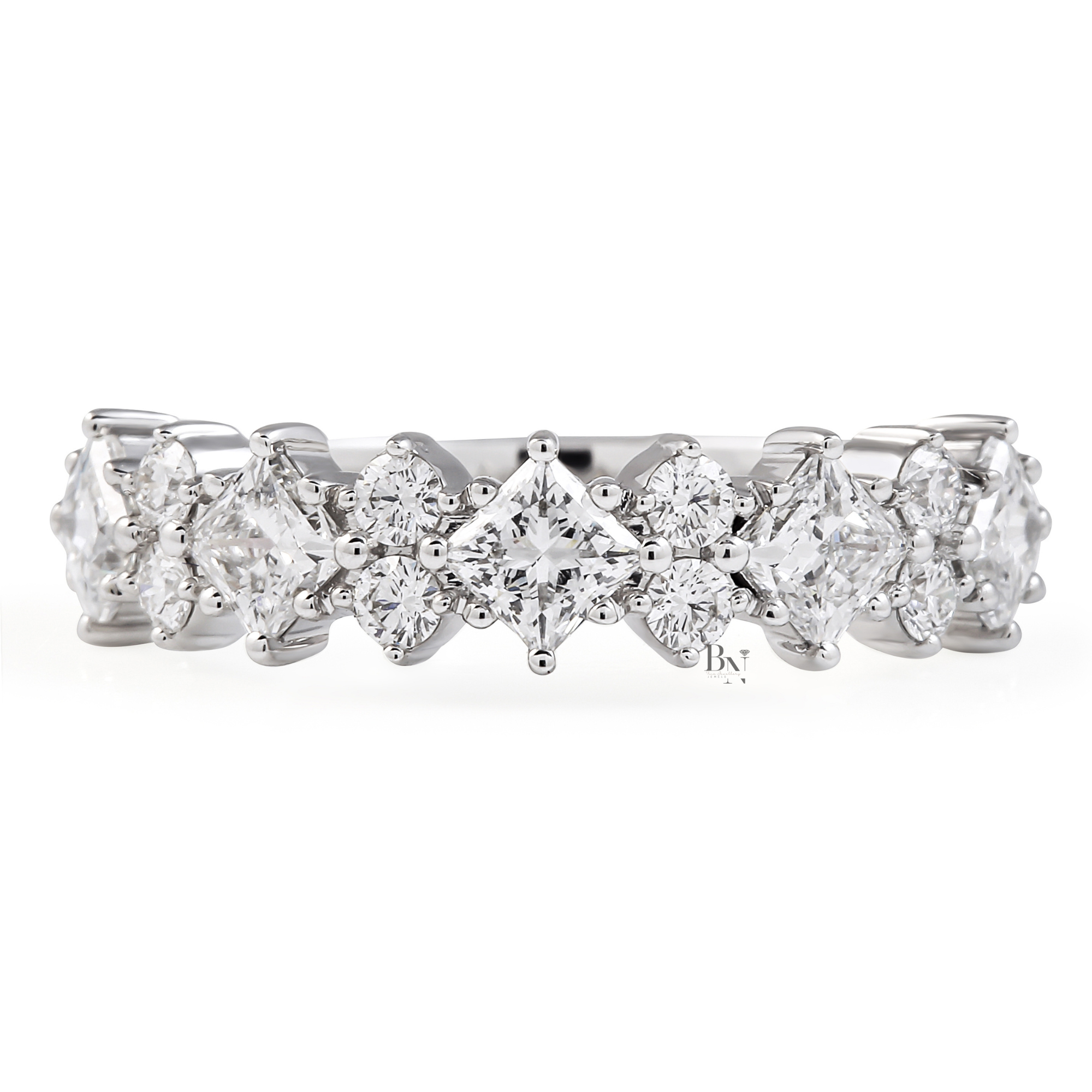 Princess Cut Lab Diamond Wedding Band, Alternating Compass Set Ring, 1.4CTW Halfway Pave Band, 5.3mm Wide
