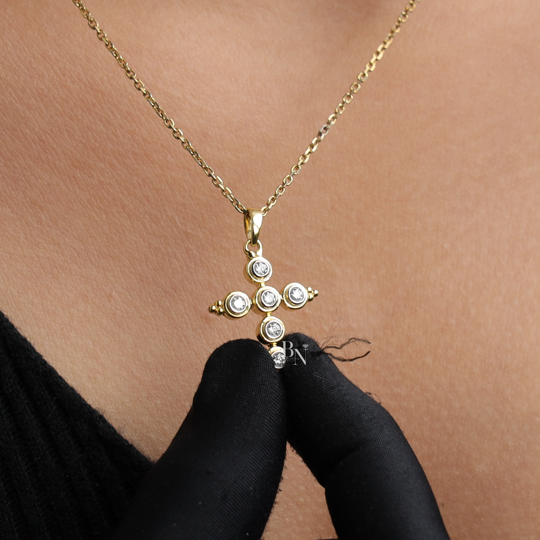 0.30ct Lab Grown Diamond Cross Necklace, Round Bezel Set Pendant, Dainty Religious Layering Jewelry