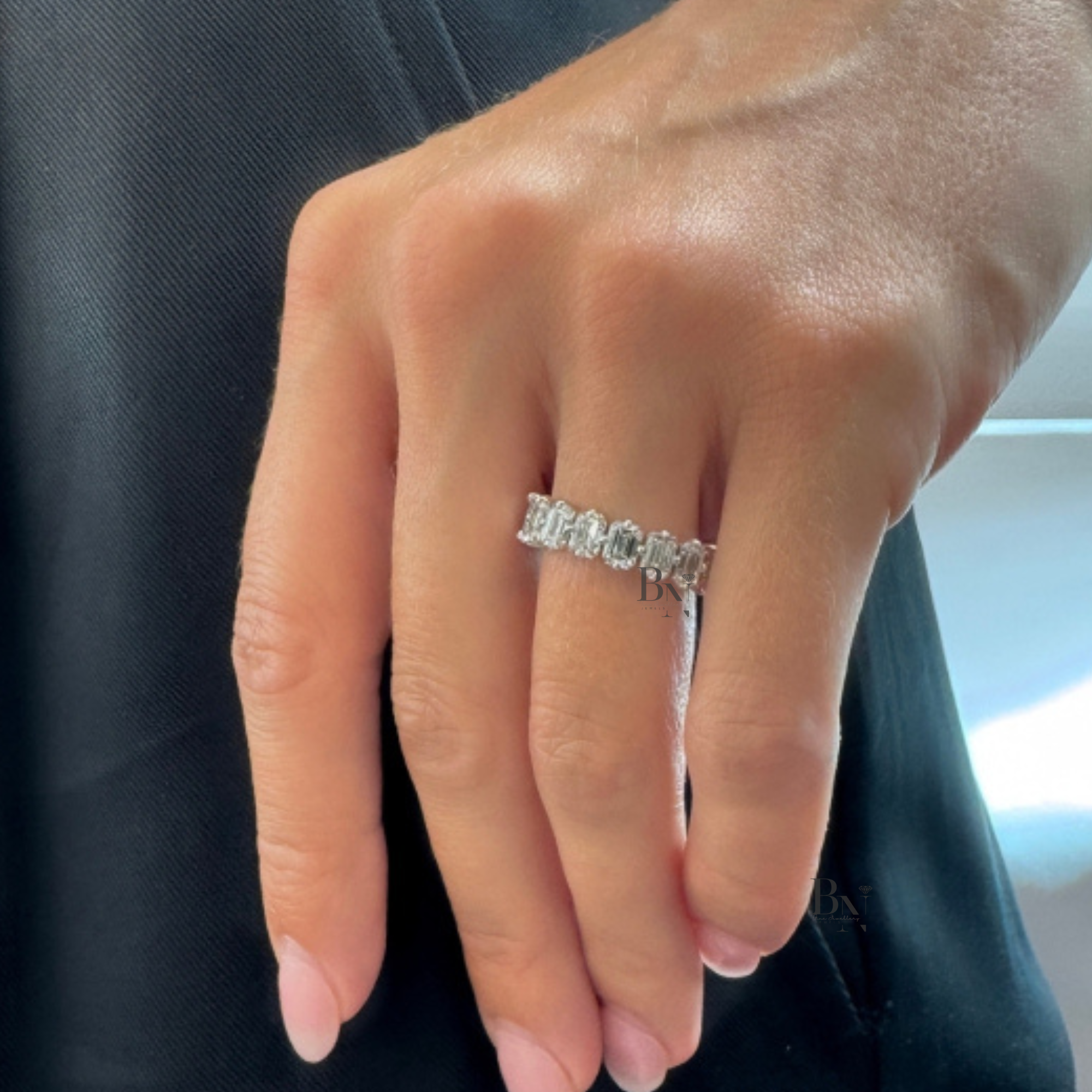 4CTW Emerald Cut Lab Diamond Eternity Band, Compass Prong Wedding Ring, 14K Gold 5.3mm Band